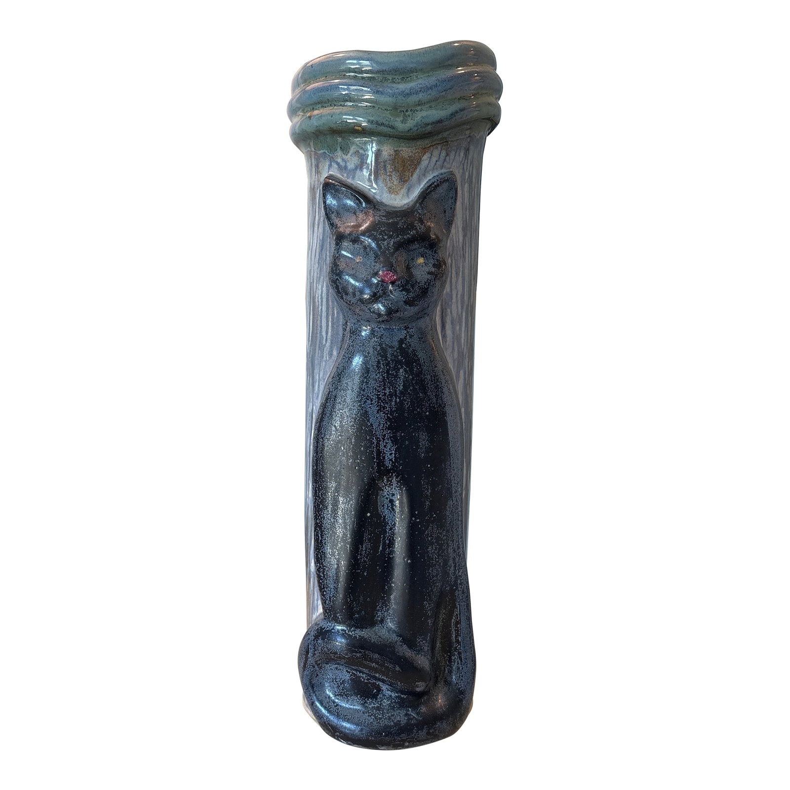 Unique Hand Made Cat Vase. In Fantastic Condition. Perfect for the Cat Lover.: Very unique hand made tall vase featuring a 3 dimensional black cat. Extremely unusual and perfect for the cat fancier. Condition: Alterations: Original Condition Unaltered Imperfections: Some Imperfe