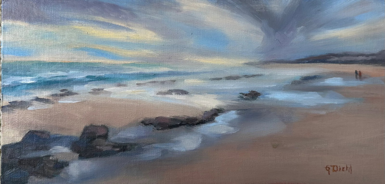 Original Fine Art Oil Paintings - Grace Diehl: In this painting, I aimed to capture the wide expanse of the coastline as two figures pass by. Condition: Imperfections: No Imperfections Origin: United States Materials & Techniques: Canvas, Oil
