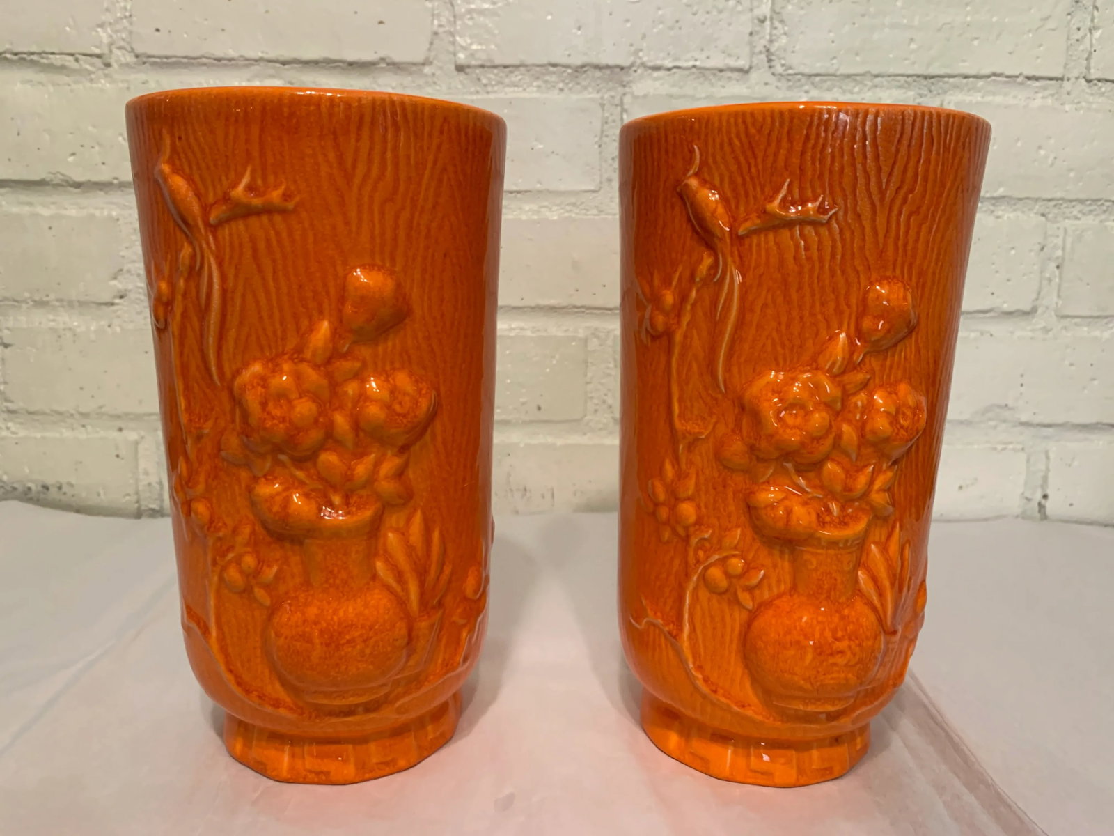 Vintage Orange Glazed Chinese Vases - A Pair - 4