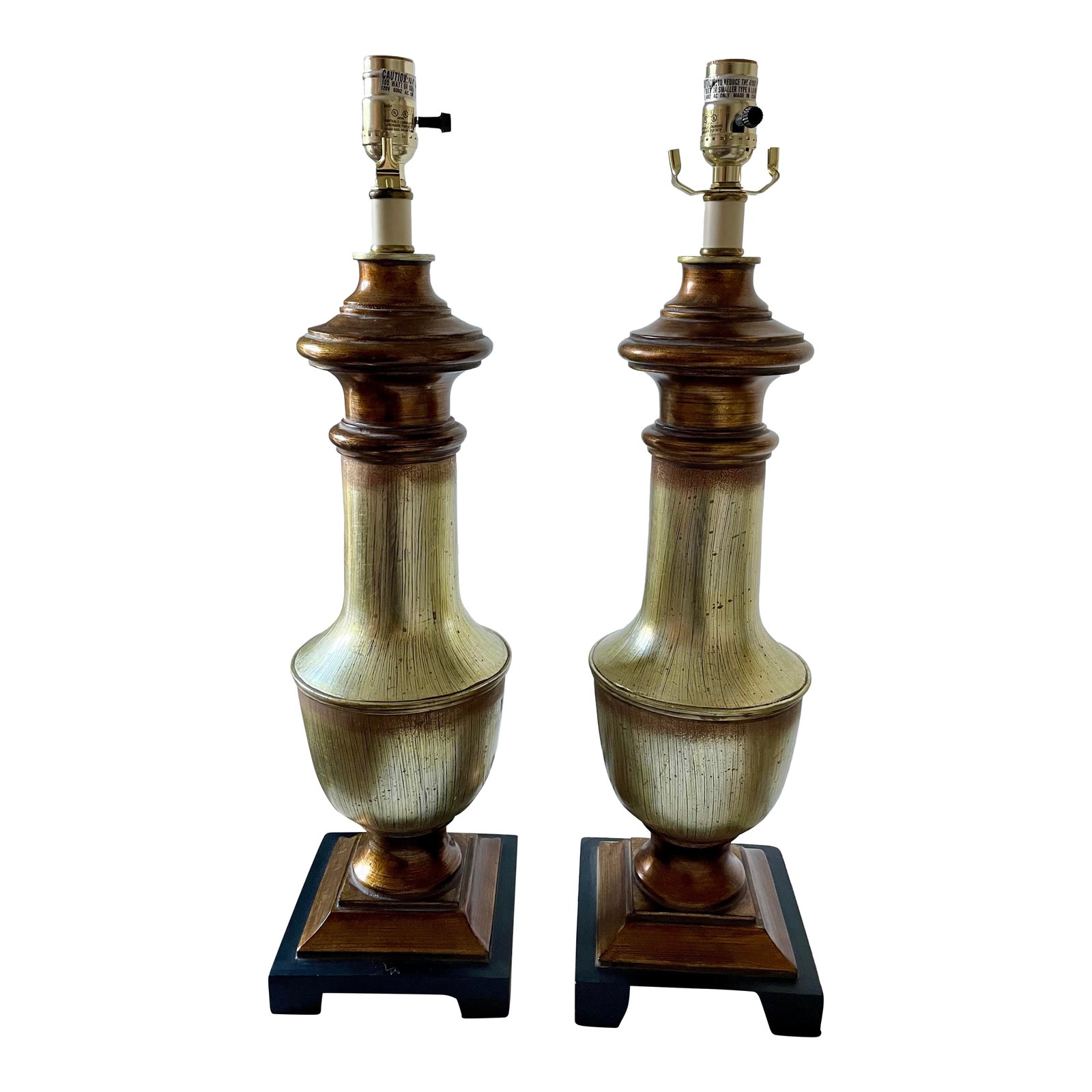 Pair of Uttermost Metallic Urn-Style Lamps: These Uttermost lamps add a subtle shimmer to your space. Condition: Alterations: Original Condition Unaltered Imperfections: Some Imperfections Condition Notes: Excellent Condition Origin: China