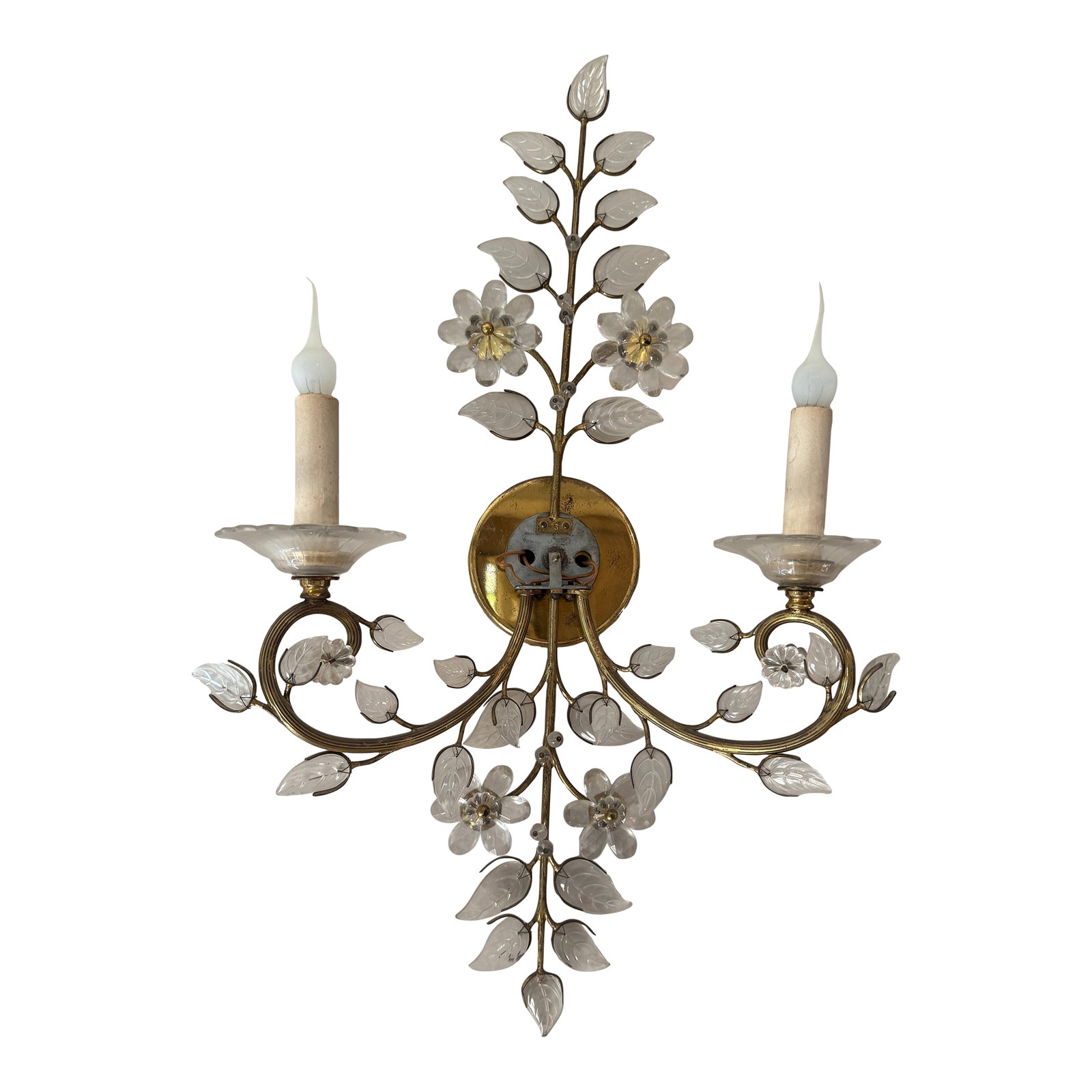 1930's Crystal and Brass Sconces (Pair): Intricate etched leaves form a delicate vine amongst cut crystal flowers. Two candelabra lights flank the central crystal round of each sconce. Vintage late 1930's to early 1940's Hollywood Regency st