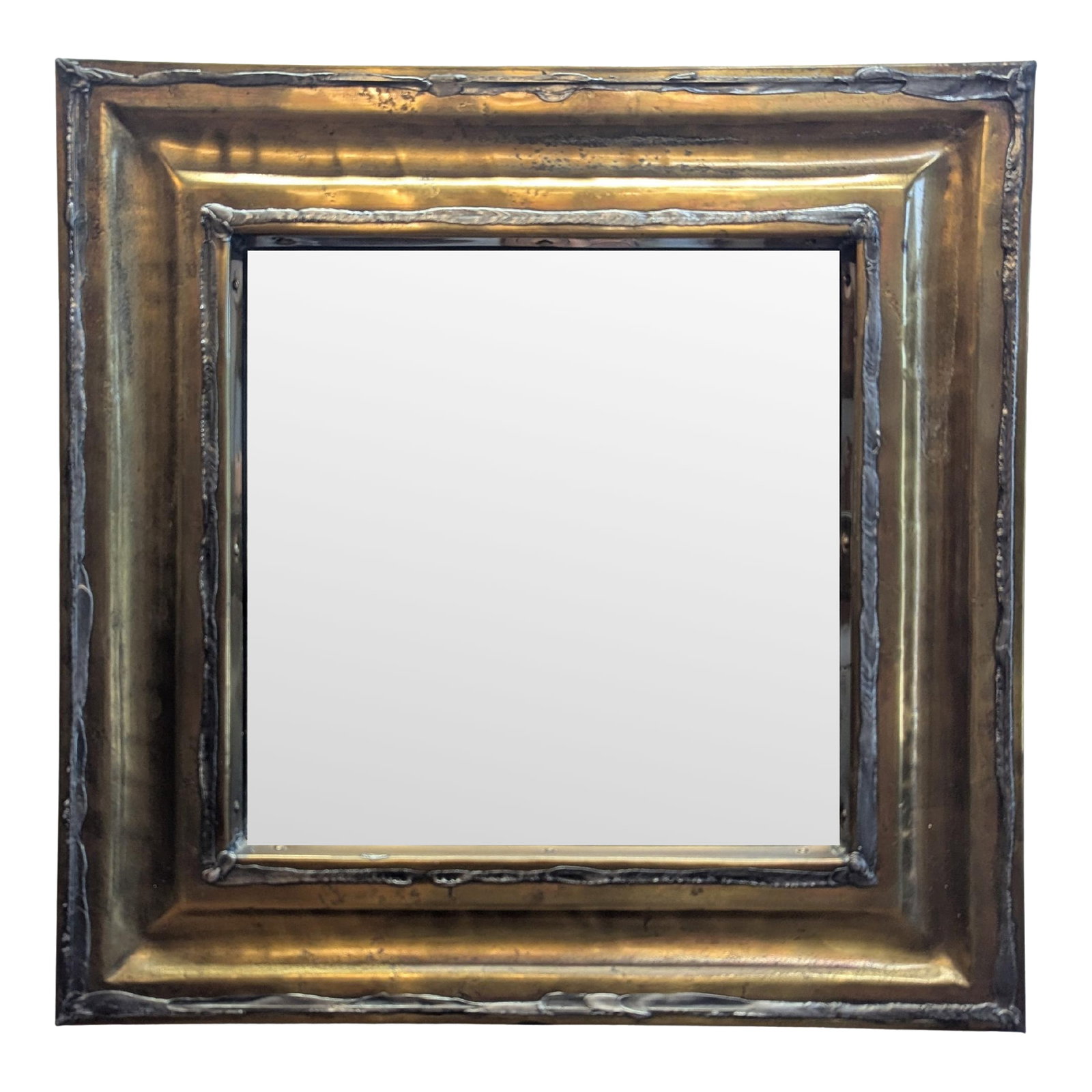 French Brutalist Mid Century Mirror: French Brutalist Mid Century Artisan Brass & Copper Mirror, handmade. Hand hammered shaped Brass with Raw weld detail. The brass & copper metal are hand shaped over a wood frame with beveled moldings 
