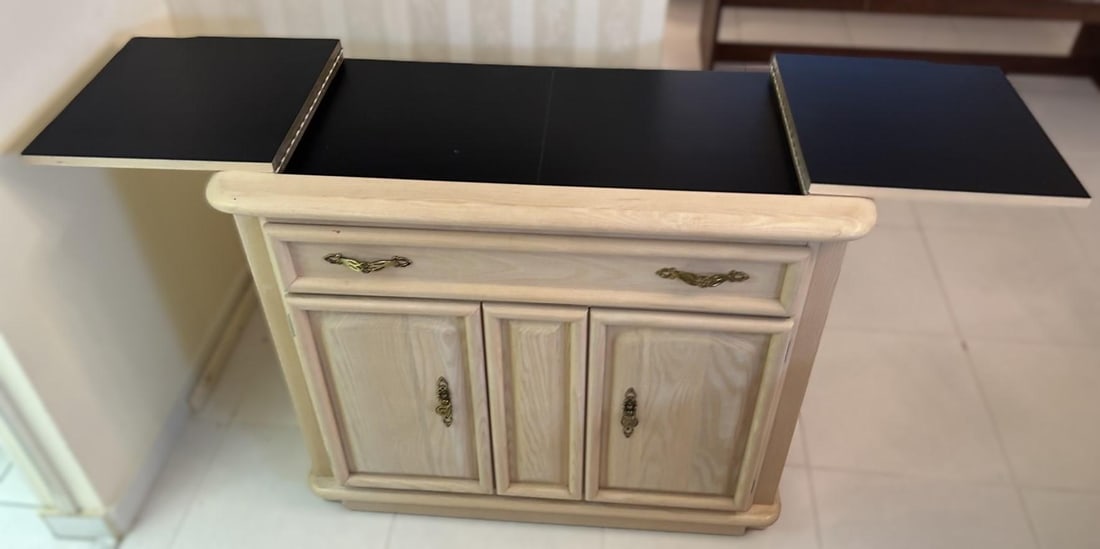 Vintage Broyhill MCM Pickled White Oakwood Flip Top Bar Cabinet or Buffet Server - 3