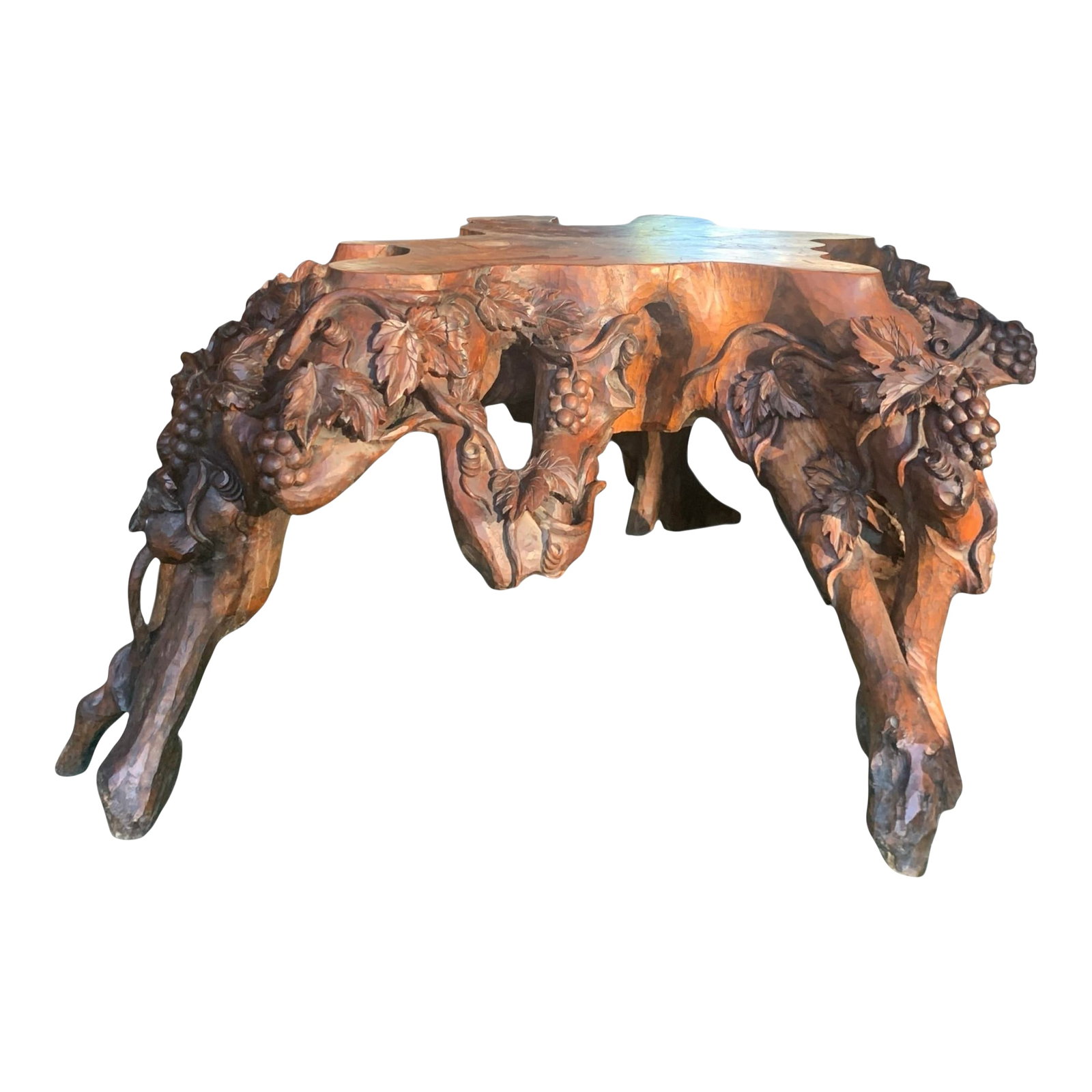 Vintage Burlwood Root Console Table With Grapevine Motif: This is an amazing hand-carved, old growth teak root console table. Truly a unique table from Southeast Asia with a grapevine motif, most like from the mid 1900s. It measures roughly 58" x 44" and