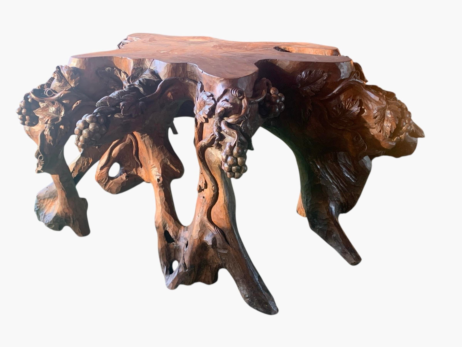 Vintage Burlwood Root Console Table With Grapevine Motif - 5