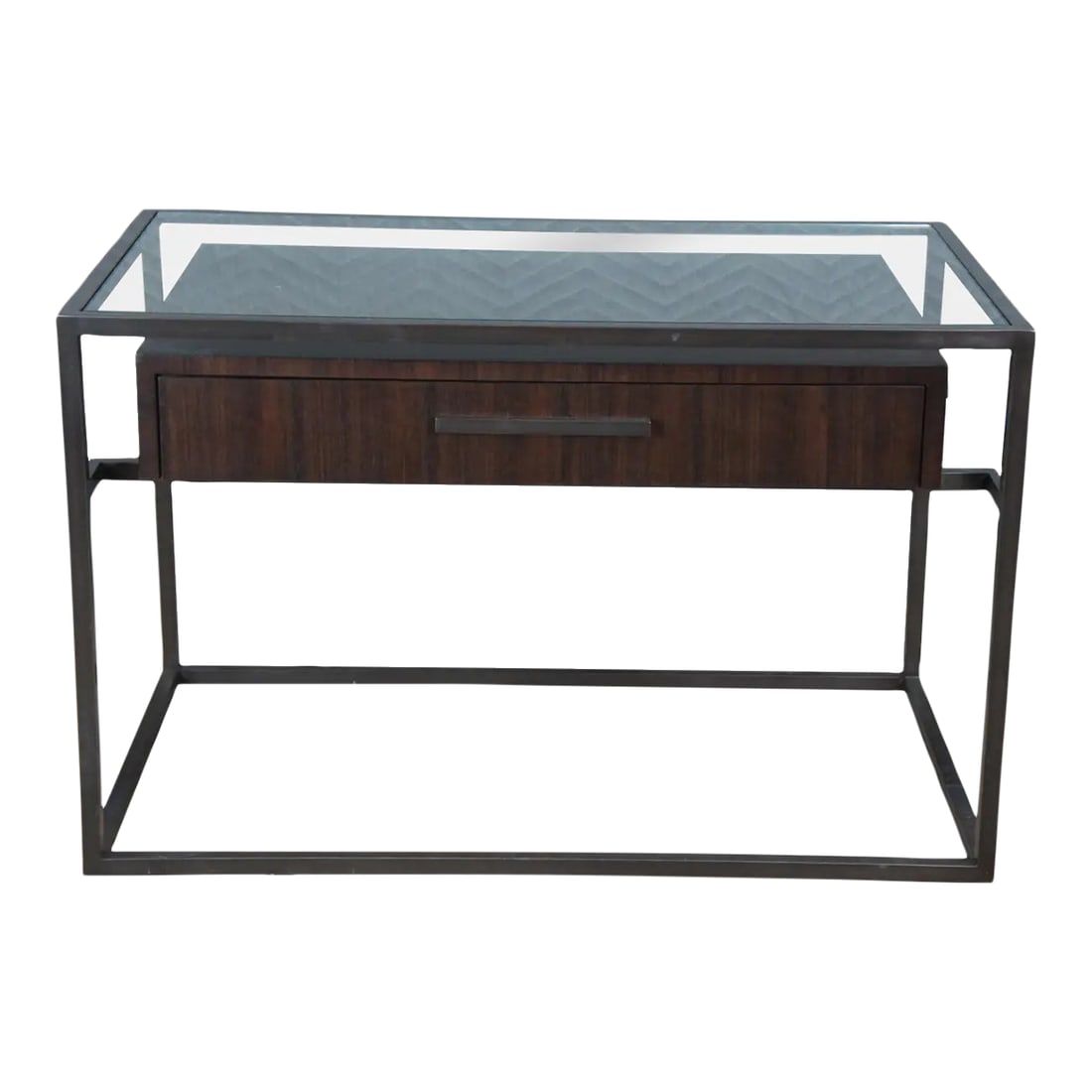 Restoration Hardware Kennan Quartersawn Paldao Side Table: Large Restoration Hardware Keenan nightstand console featuring a single wooden drawer suspended within a metal frame. Reflecting the spare lines of the 1950s, its openwork design occupies a minimum of