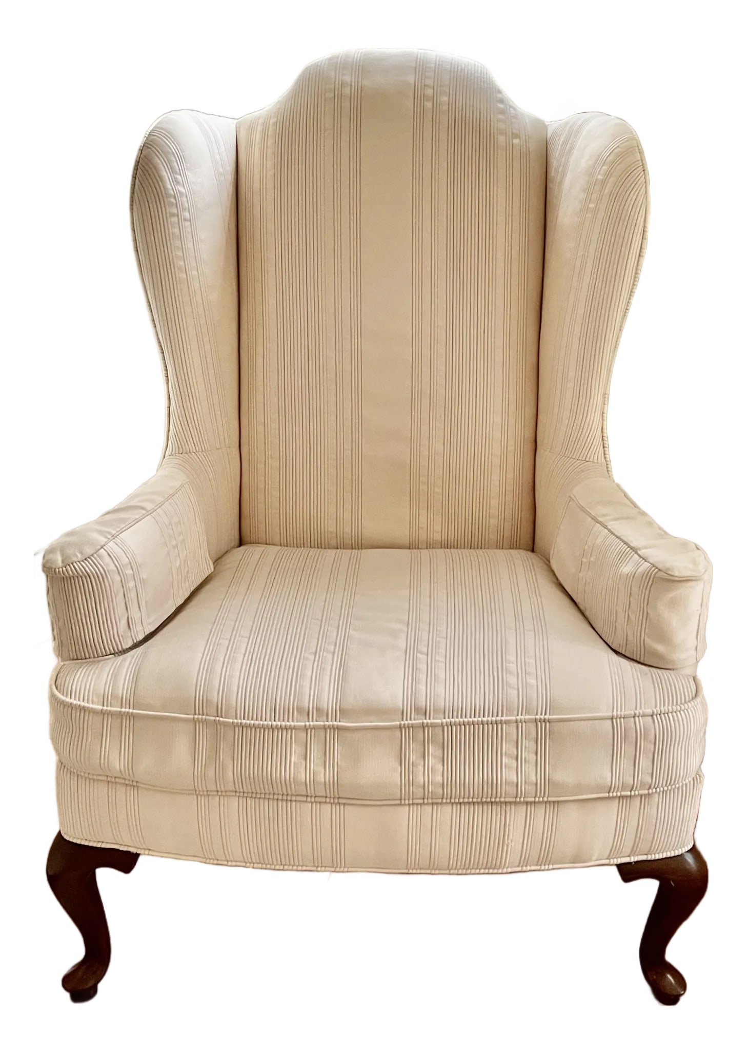 1980s Drexel Heritage Wingback Chair: Near mint Drexel Heritage Chair. One owner. Please see photos for tiny scuff marks on legs, and tiny stain/dot near left arm. Elegant, and transitional. Cream color, with subtle blue and pink