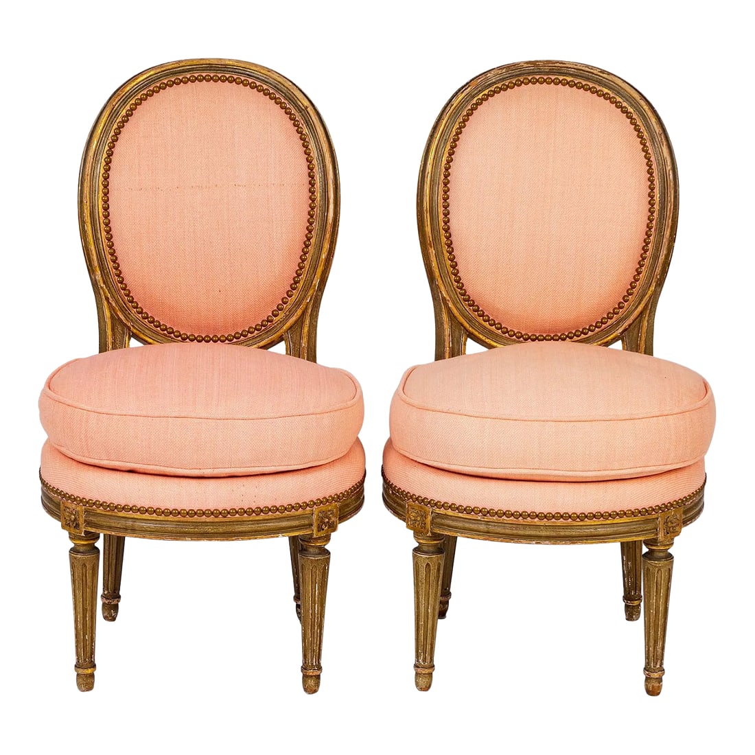 Antique Pair of French Louis XVI Parcel-Gilt Petite Boudoir Slipper Chairs: Antique Pair of Louis XVI Parcel-Gilt Petite Boudoir Chairs Height 33 x width 18 x depth 16 inches; seat height 17 inches Sourced in Palm Beach Condition: Alterations: Original Condition Unaltered