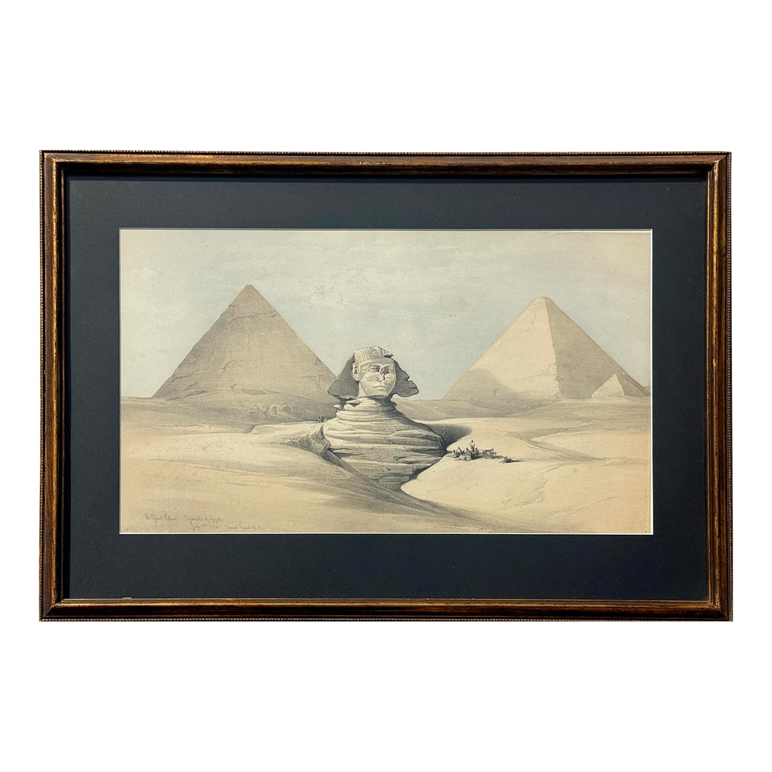 David Roberts Hand-Colored Egypt Lithograph - The Great Sphinx, Pyramids of Gizeh - 19th Century: Original 19th-century hand-tinted lithograph from Egypt & Nubia From Drawings Made on the Spot by David Roberts, R.A., published in London by F. G. Moon in 1849. Drawn on site in 1839 and