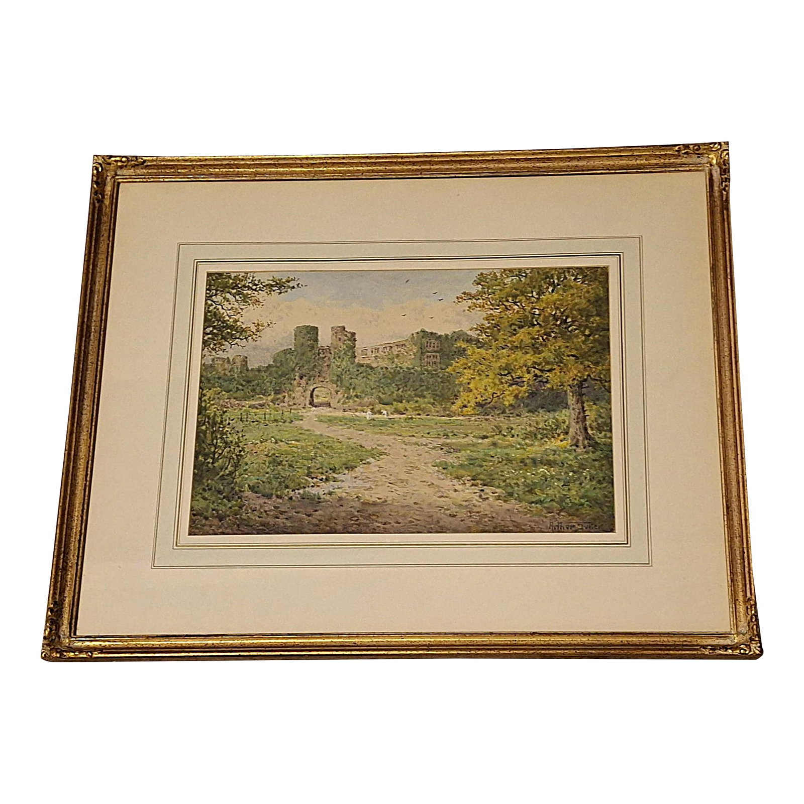 Berry Pomeroy Castle - Original Watercolor by Arthur Suker (1857-1940): An evocative original watercolor by British artist Arthur Suker, depicting the romantic ruins of Berry Pomeroy Castle in Devonshire. Suker was celebrated for his landscapes and marine subjects,