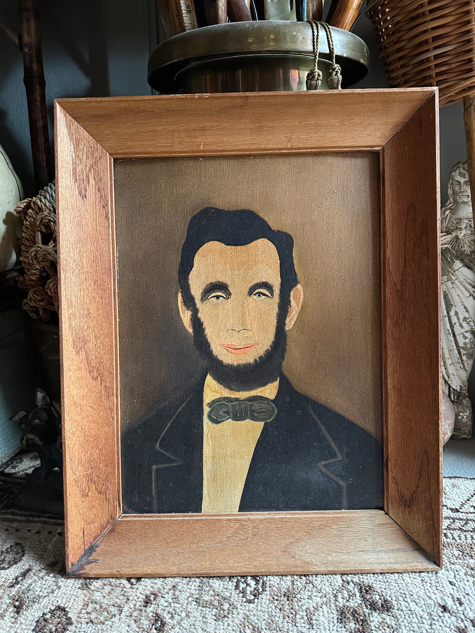 Circa 1940 American Folk Revival Portrait of Abraham Lincoln, Oil on Canvas Board - 4