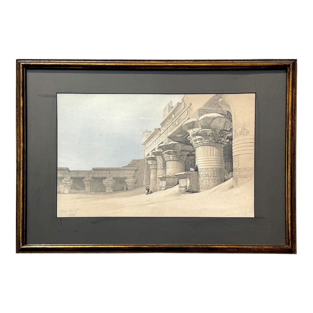 David Roberts Hand-Colored Egypt Lithograph - Temple of Edfu - 19th Century: Original 19th-century hand-tinted folio lithograph from Egypt & Nubia From Drawings Made on the Spot by David Roberts, R.A., published by F. G. Moon in London, 1849, with lithography by Louis Haghe.