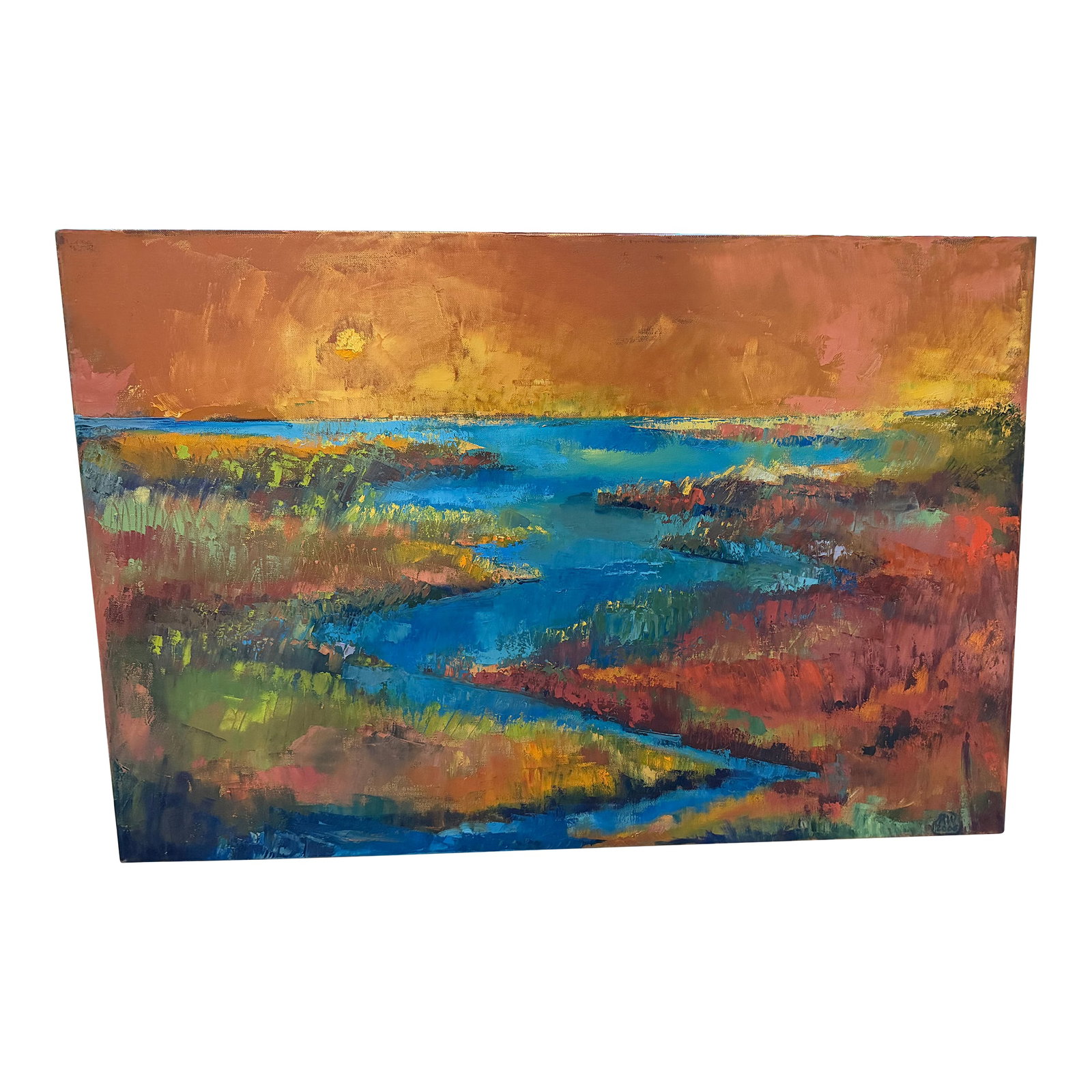 Contemporary "Scarborough Marsh" Painting: I live on the Maine coast and collect the work of Maine artists. The large colorful oil painting called "Scarborough Marsh" by Maine painter Ronnie Wilson is very vibrant. (36 L x 24W x2 3/4D) This