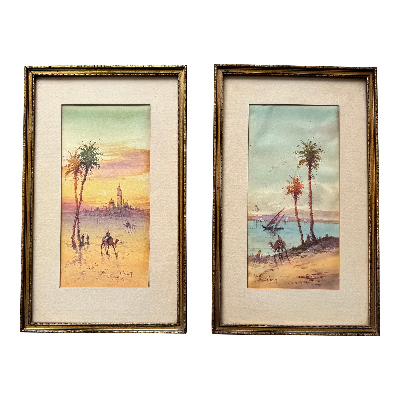 Pair of Vintage Desert Landscape Watercolors With Camels, Framed (1 of 8)