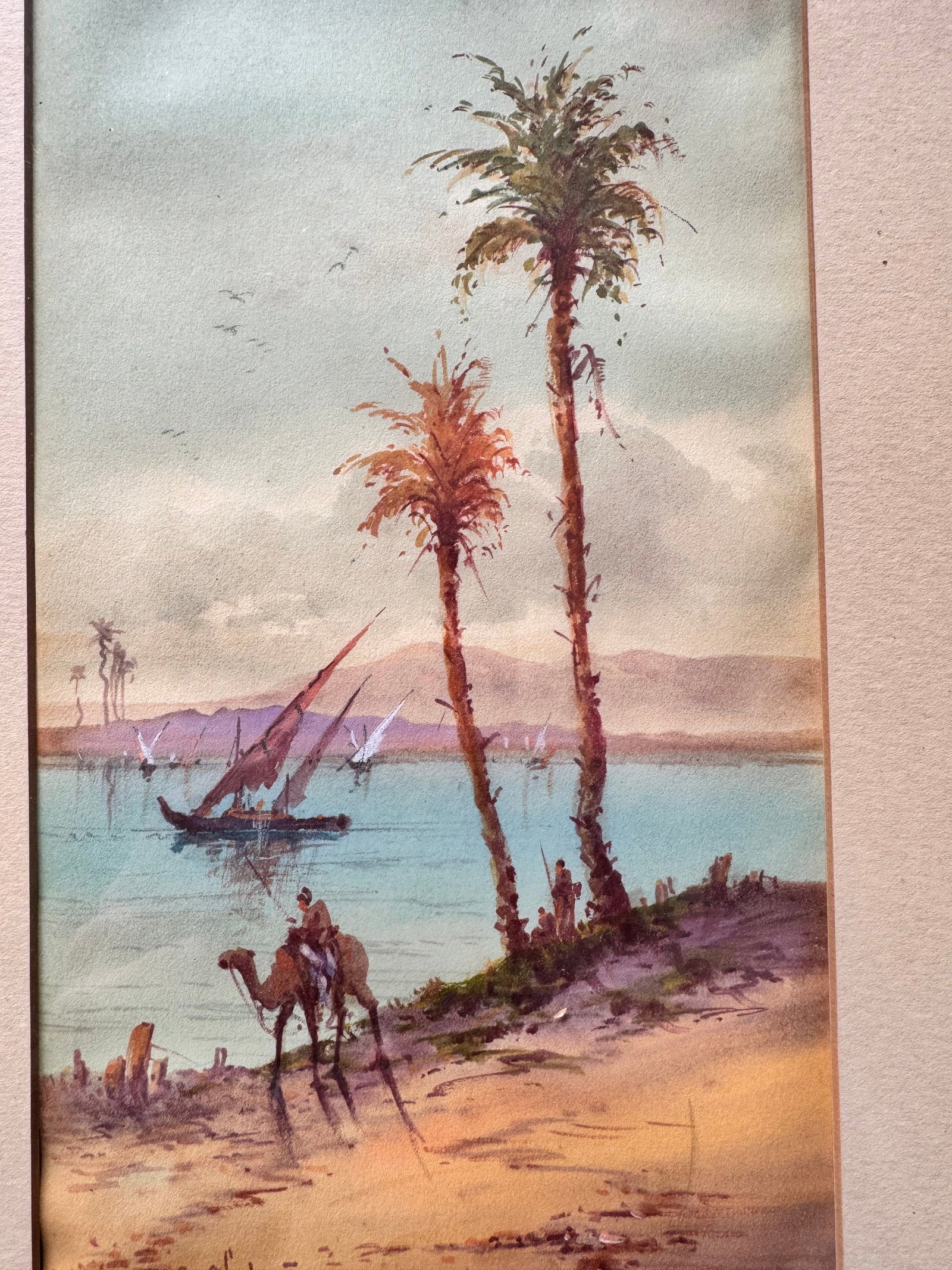 Pair of Vintage Desert Landscape Watercolors With Camels, Framed - 3