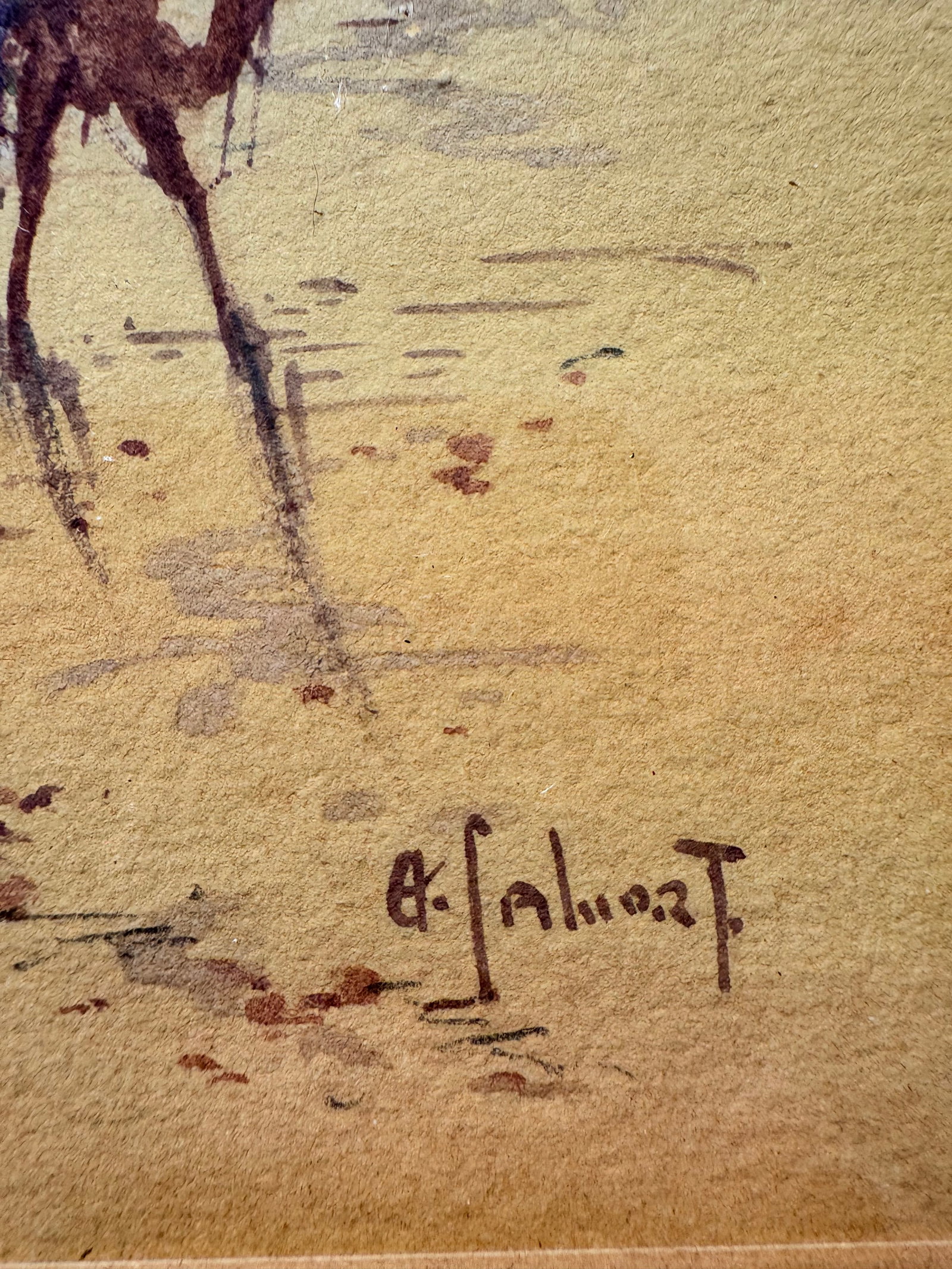 Pair of Vintage Desert Landscape Watercolors With Camels, Framed - 4