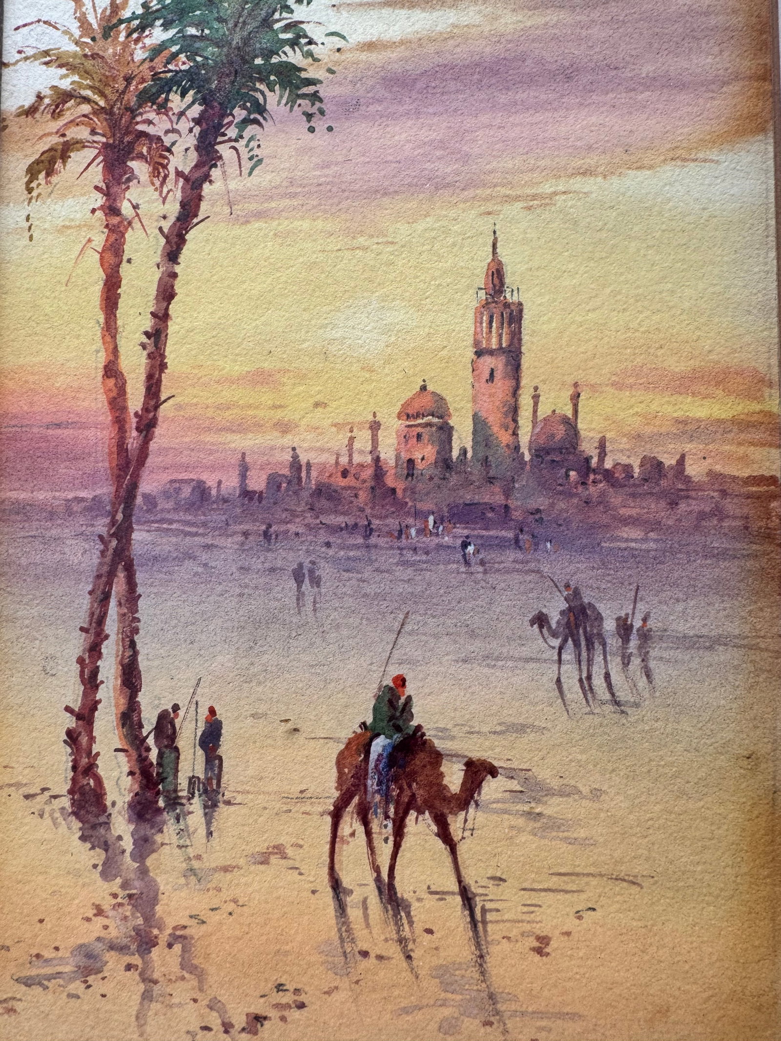 Pair of Vintage Desert Landscape Watercolors With Camels, Framed - 5