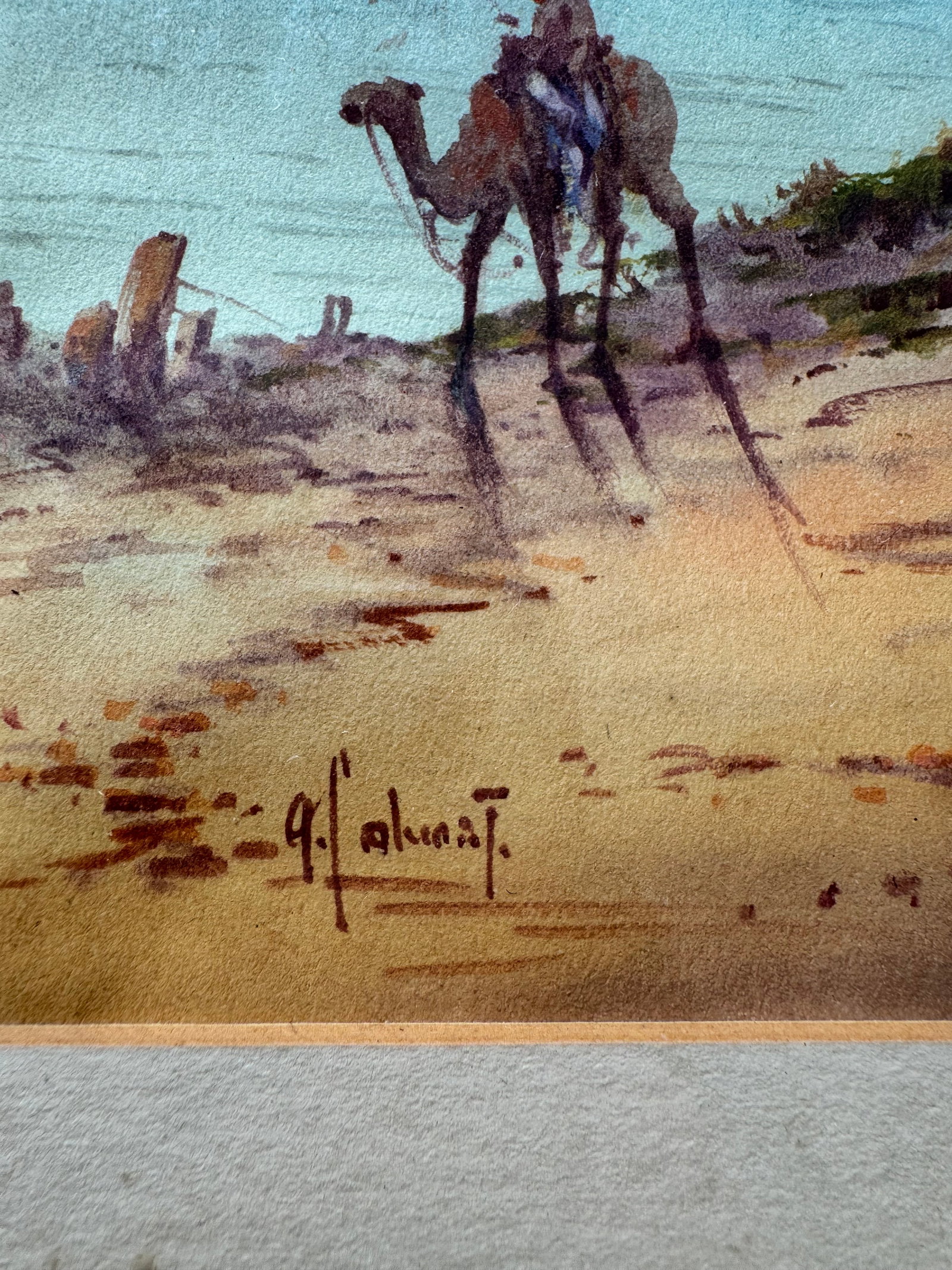 Pair of Vintage Desert Landscape Watercolors With Camels, Framed - 6