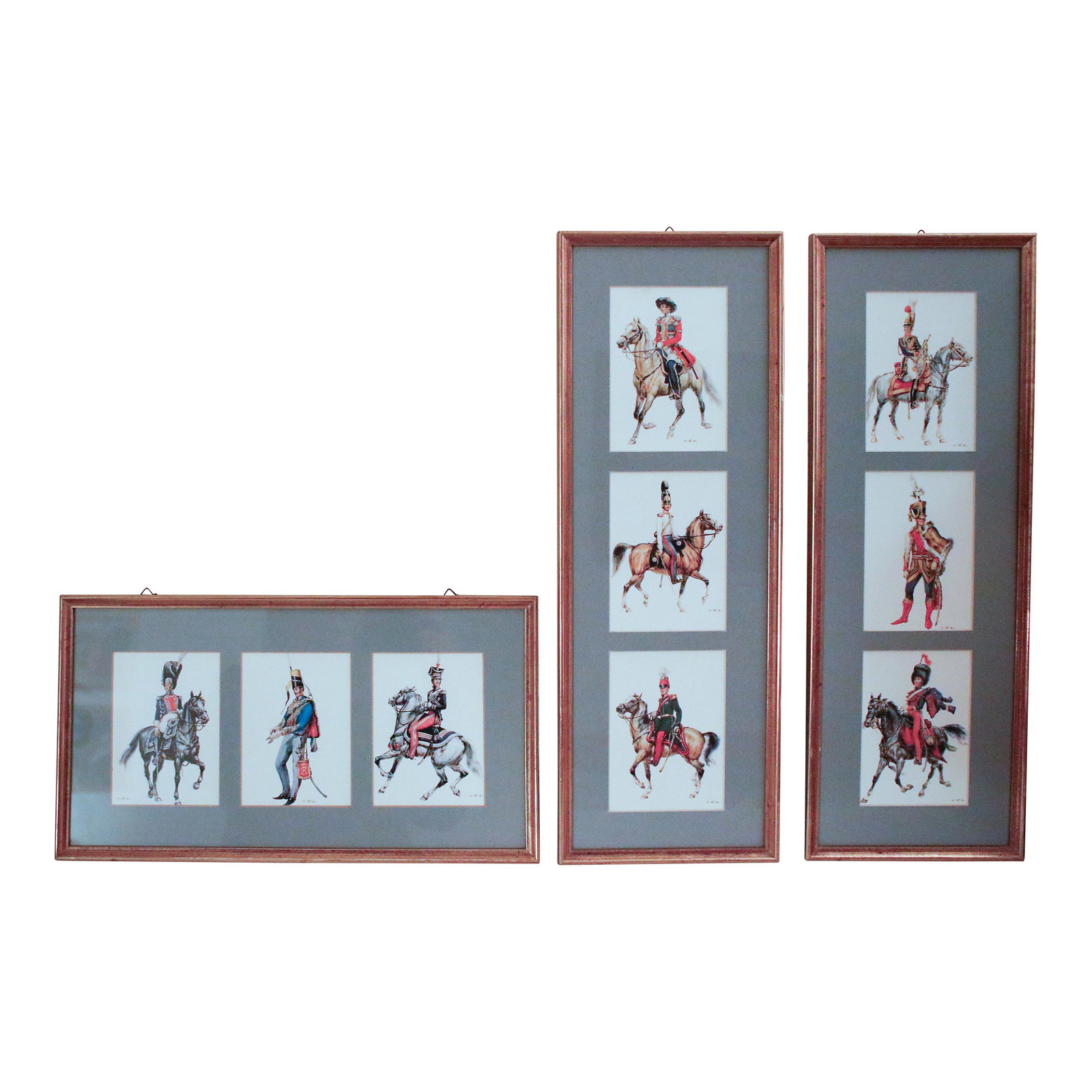 Set of Nine Framed Vintage Wolfgang Tritt Lithographs Depicting 18th C. Military Uniforms: A regal set of nine signed color lithographs, featuring 18th and 19th-century military uniforms from various European countries. Realized by the renowned German graphic artist and painter Wolfgang