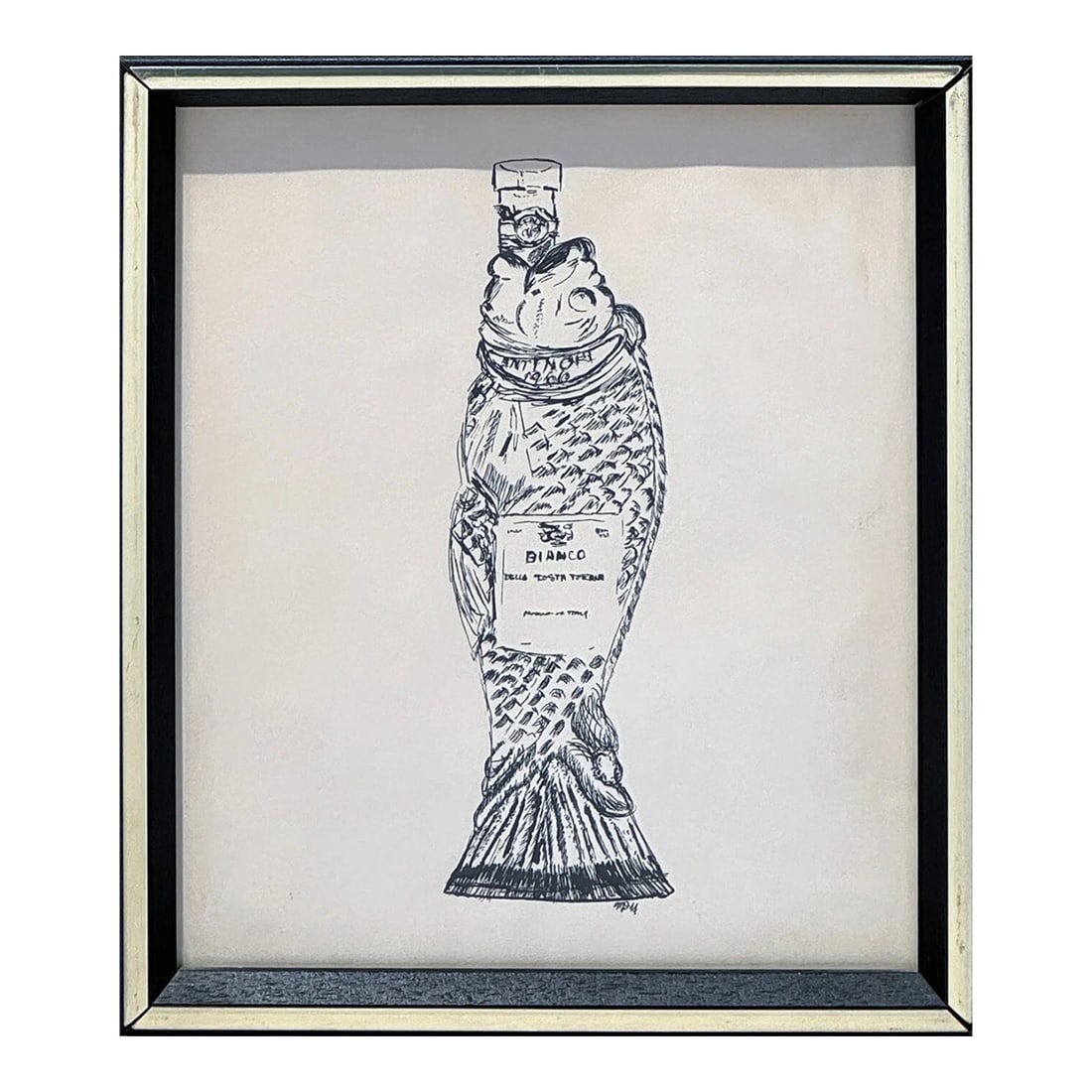 Mid-Century Pen & Ink Drawing of Italian Fish Bottle: Original mid-century pen and ink drawing depicting the iconic Italian fish-shaped wine bottle produced by Antinori in the 1960s. Rendered in stark black and white, the drawing reduces a once glossy, p