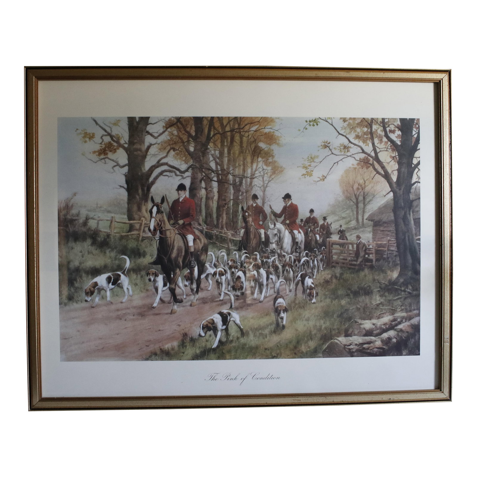 Vintage Lithograph of a British Fox Hunting Scene "The Pink of Condition" by George Wright: The engraving "The Pink Of Condition" by George Wright was first published in London in 1909. It depicts the beginning of a British fox hunting scene. This scene includes charming details such as a ch
