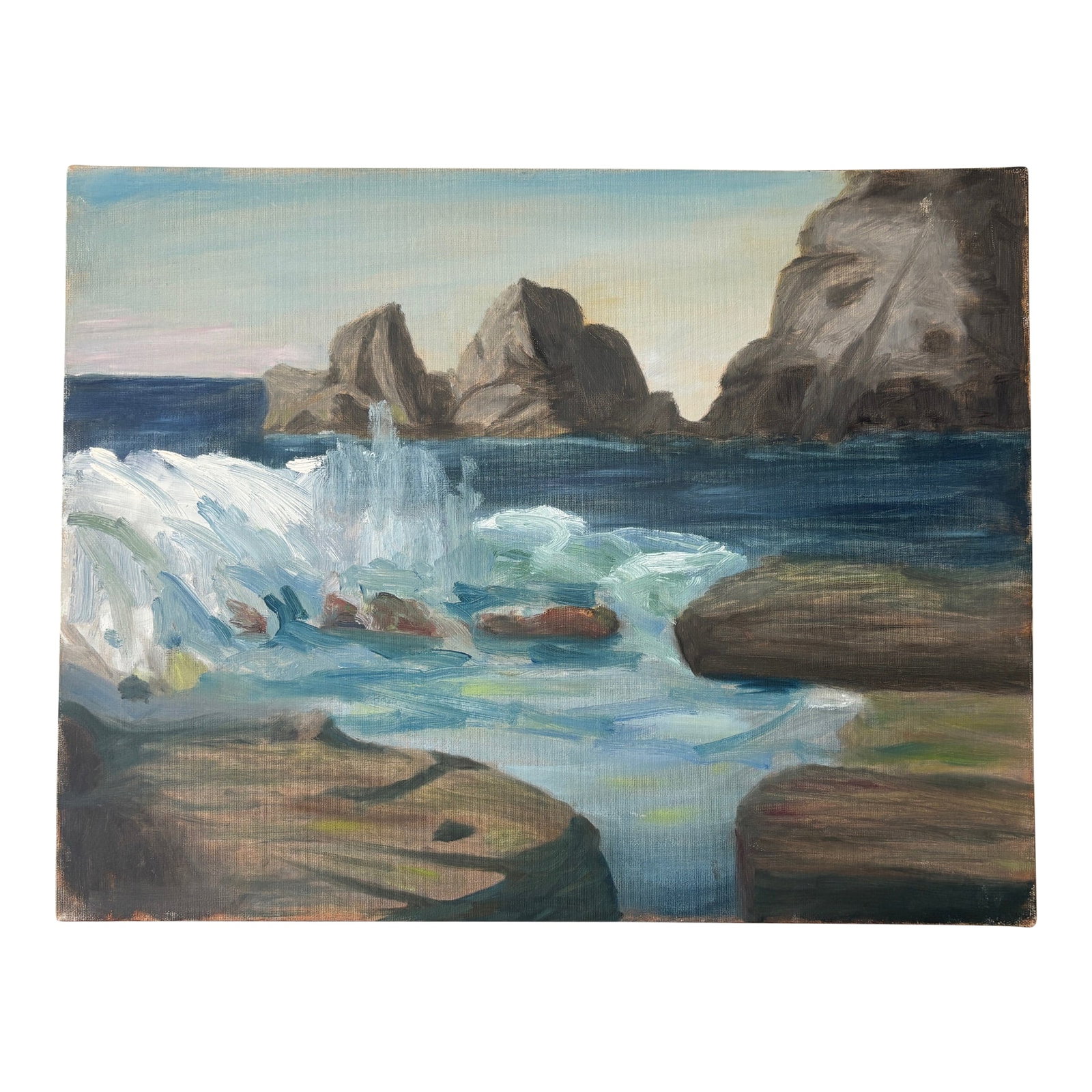 Mid 20th Century Original Seascape Painting: Lovely handpainted seascape! This painting would be perfect for a gallery wall in a seaside house or anyplace you need a touch of ocean views. It has gorgeous blues, grays, greens and browns in bold