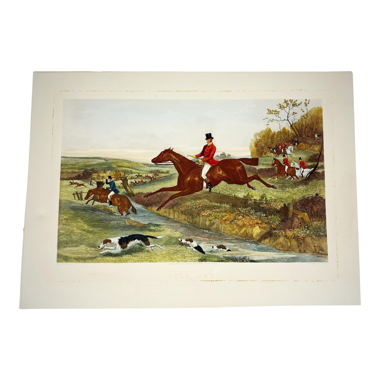 1883 g.p. McQueen English Fox Hunting "Full Cry" Hand Colored c.r. Stock Engraving Artwork: Stunning English Fox Hunting Scene hand engraved by C.R. Stock, published on Feb 2nd, 1883 by G.P. McQueen and hand colored by W. Shayer artwork that is unframed with light damage, all that could most