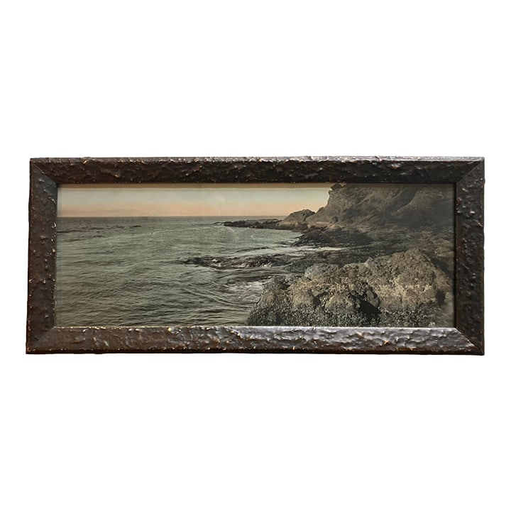 Antique Seascape Rocky Shore Photograph: Photograph of an unknown beach shore, rocky outlays, colors are grey, blue, pink & brown. The mood is pensive and contemplative even inspirational. Vintage frame is plaster and textured, bringing out