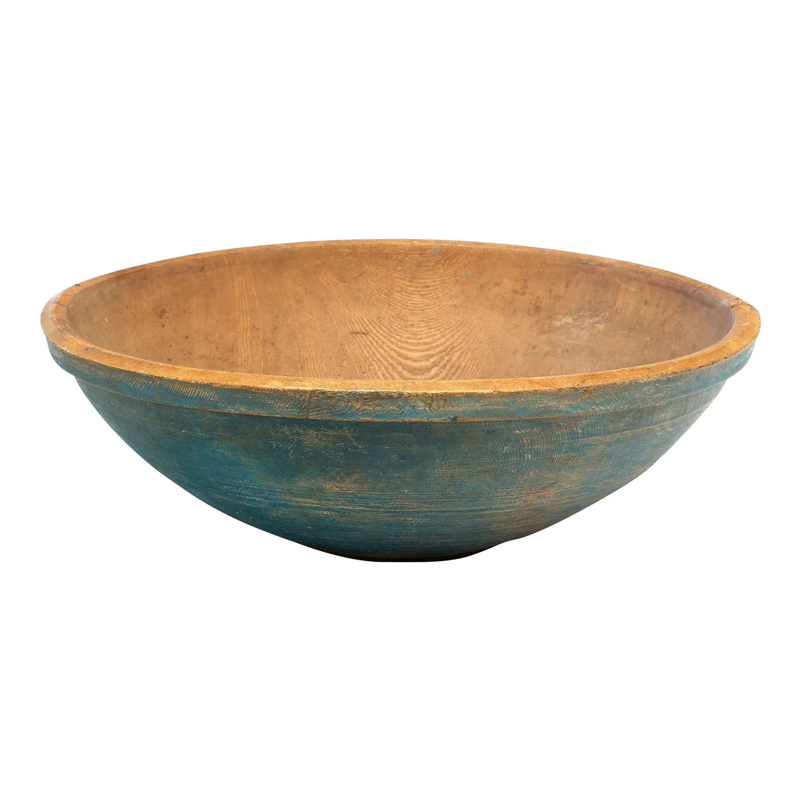 Turned Ash Bowl With Original 19th Century Paint (26"): A striking example of early American utilitarian craftsmanship, this large hand turned ash bowl dates to the 19th century and retains its beautifully worn original blue paint. Skillfully shaped from