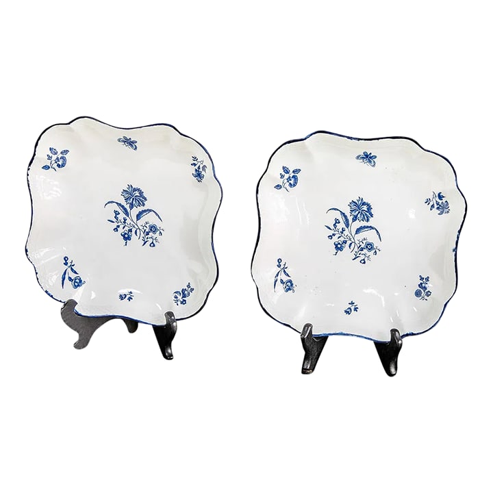 18thC English Royal Worcester Plates With Blue and White Gilliflower Design (Purchased From Christie: A collector's item! Late 18th C. English Worcester Porcelain Square Plates, Pair, in Gilliflower Pattern, Having Central Floral Spray Surrounded by Floral and Butterfly Designs, Basket Weave Top Borde