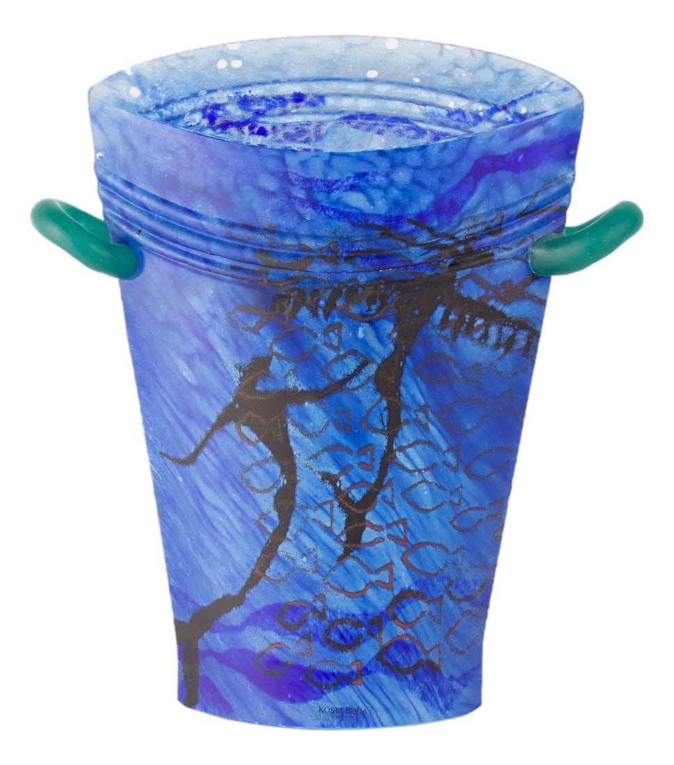 Kjell Engman Kosta Boda Limited Edition Glass Vase Sculpture: A limited edition glass sculpture of a vase designed by Swedish artist and designer Kjell Engman (born 1946) and produced by Kosta Boda. This work features a central blue body with small green handles