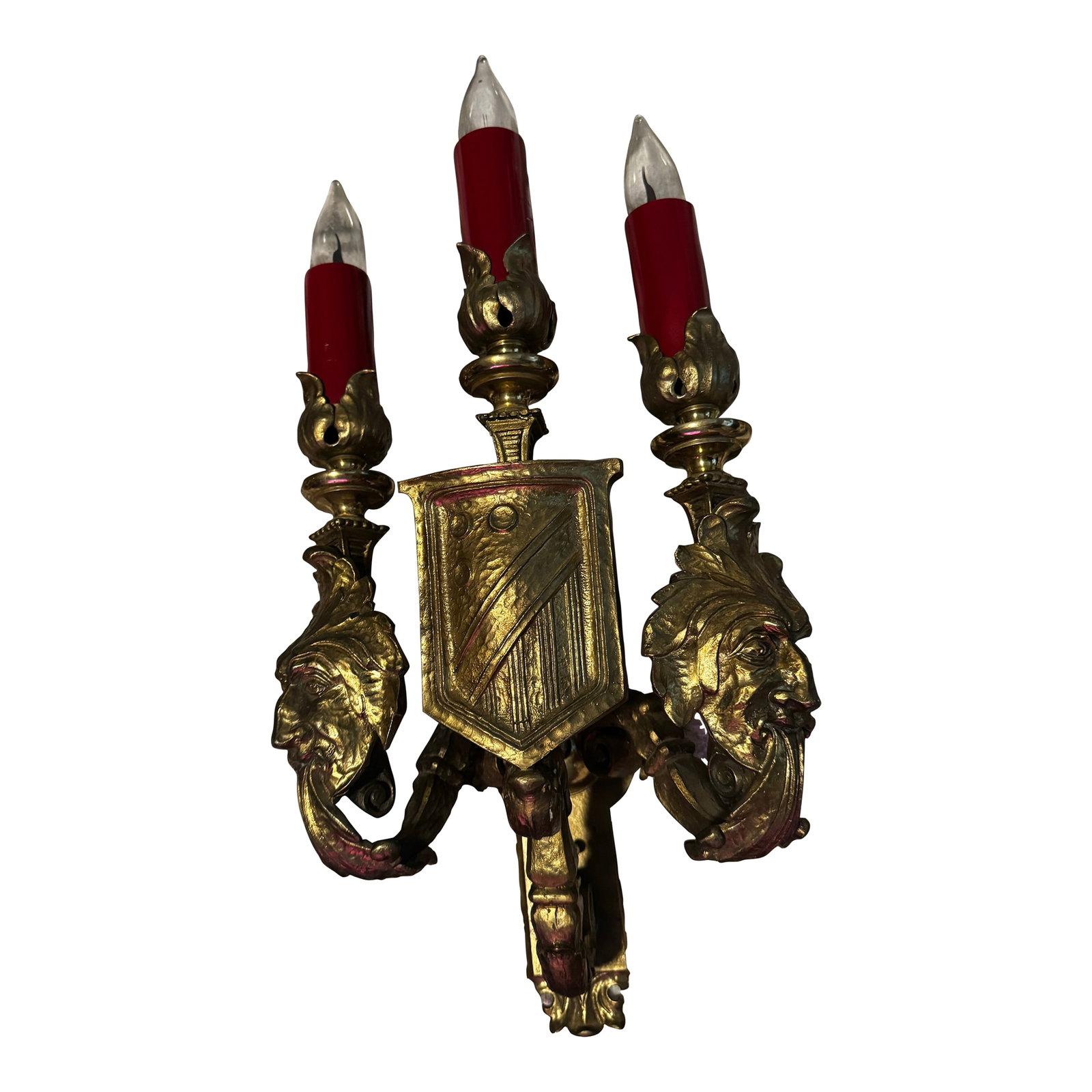 Antique French Baroque Revival Gilt Figural Wall Sconces, Pair, C. 1900: A dramatic pair of antique French Baroque Revival wall sconces, dating to the late 19th-early 20th century. Each substantial three-light sconce features finely modeled bearded male masks with expressi