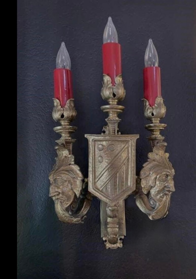 Antique French Baroque Revival Gilt Figural Wall Sconces, Pair, C. 1900 - 6