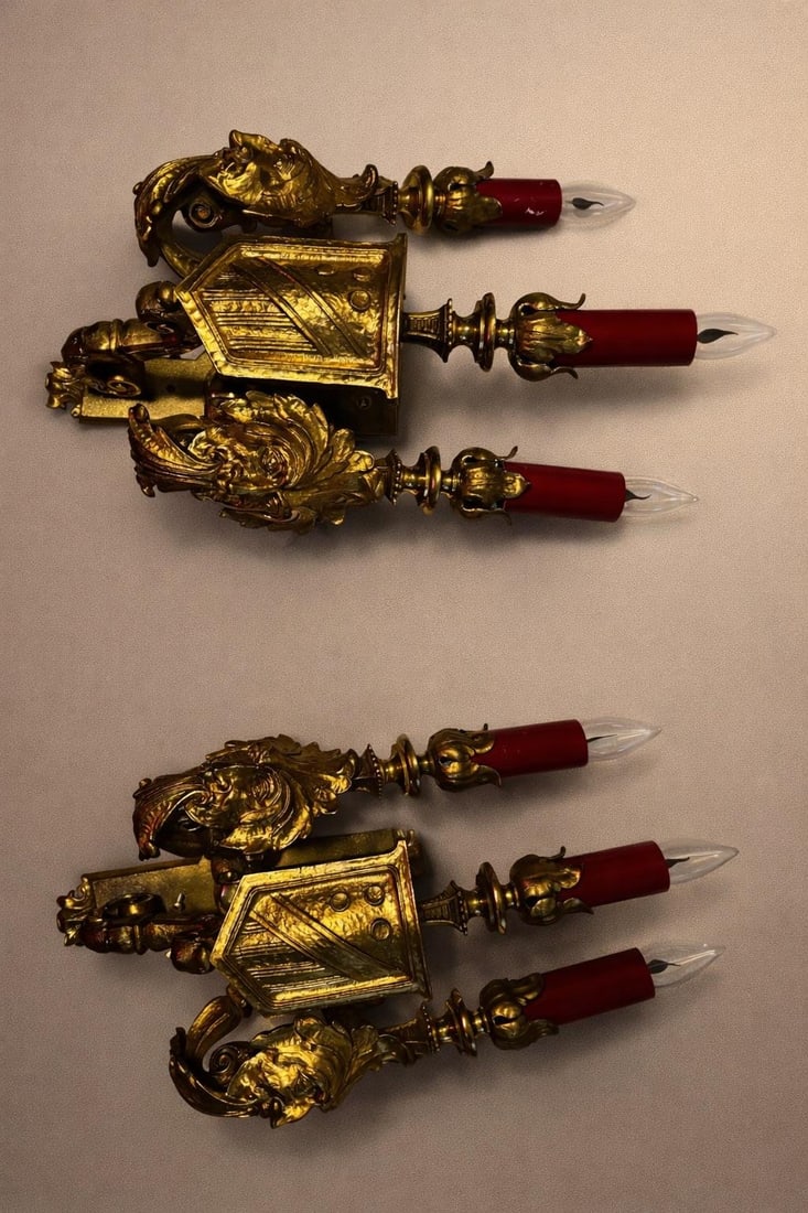 Antique French Baroque Revival Gilt Figural Wall Sconces, Pair, C. 1900 - 8