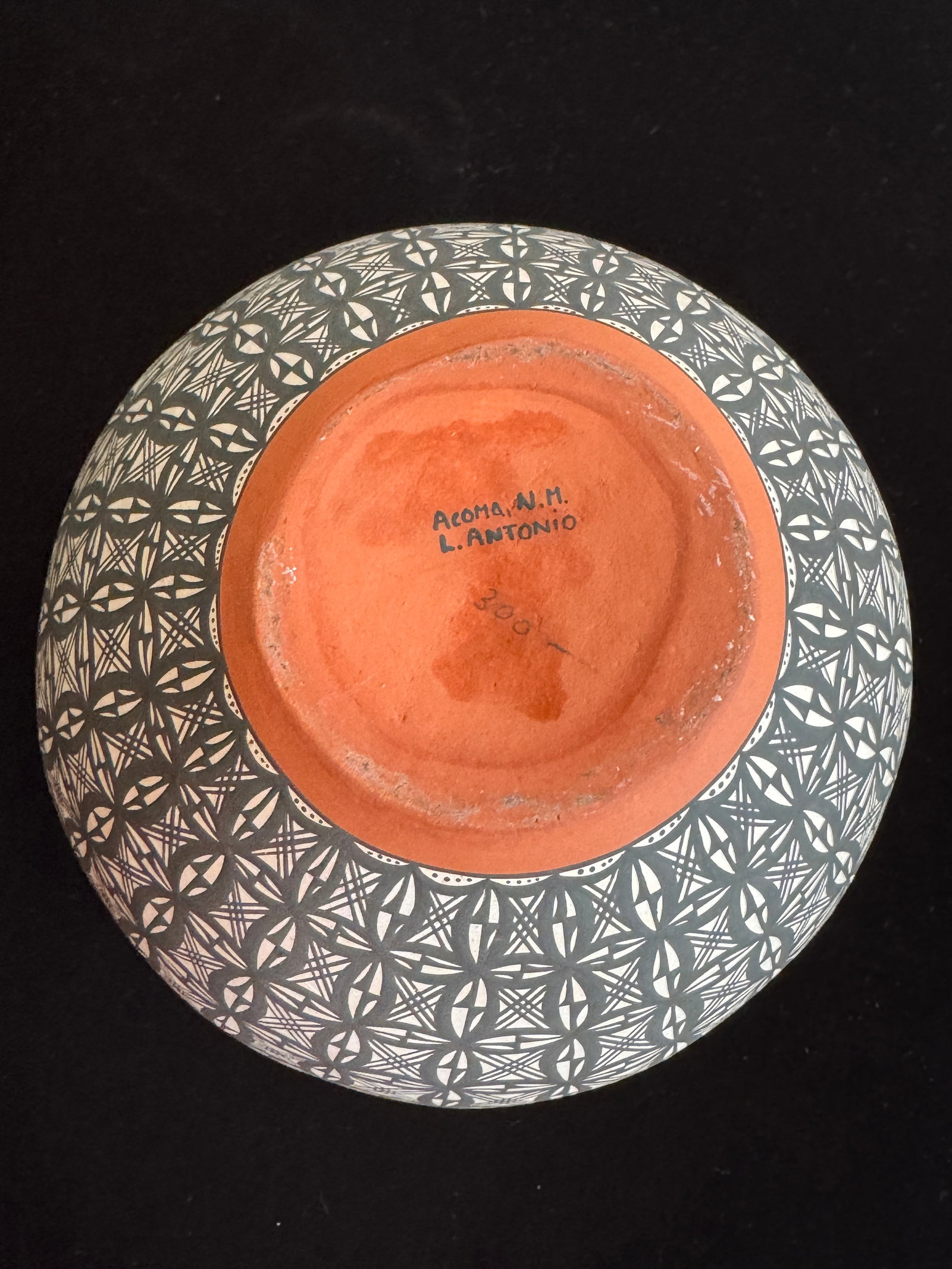 Acoma Pueblo Fine Line Pottery Jar by L. Antonio - Intricate Geometric Star Motif, Hand-Coiled, 7" - 2