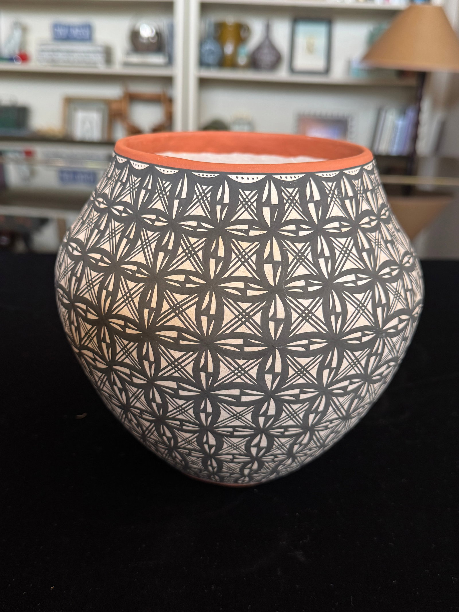 Acoma Pueblo Fine Line Pottery Jar by L. Antonio - Intricate Geometric Star Motif, Hand-Coiled, 7" - 3