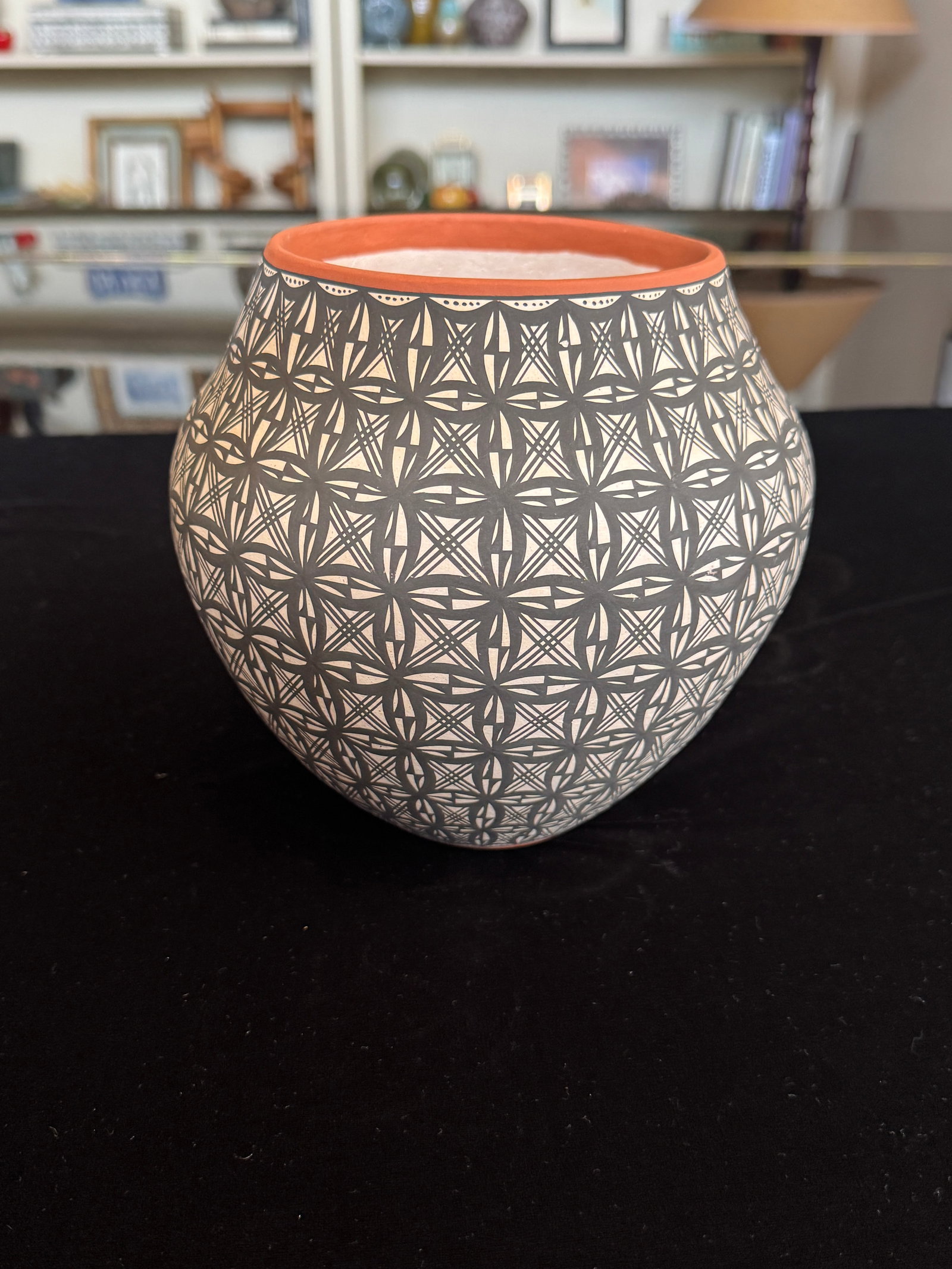 Acoma Pueblo Fine Line Pottery Jar by L. Antonio - Intricate Geometric Star Motif, Hand-Coiled, 7" - 4