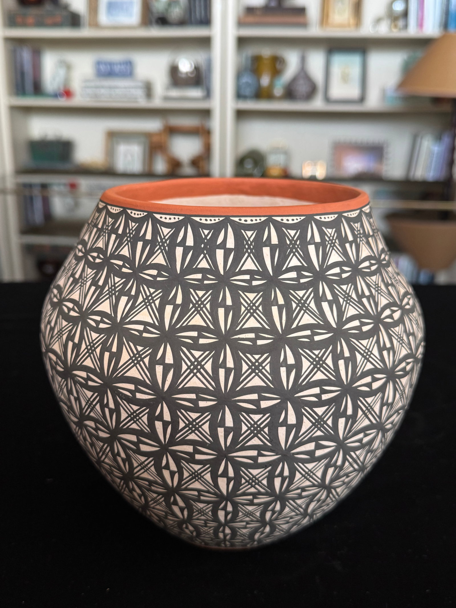Acoma Pueblo Fine Line Pottery Jar by L. Antonio - Intricate Geometric Star Motif, Hand-Coiled, 7" - 5