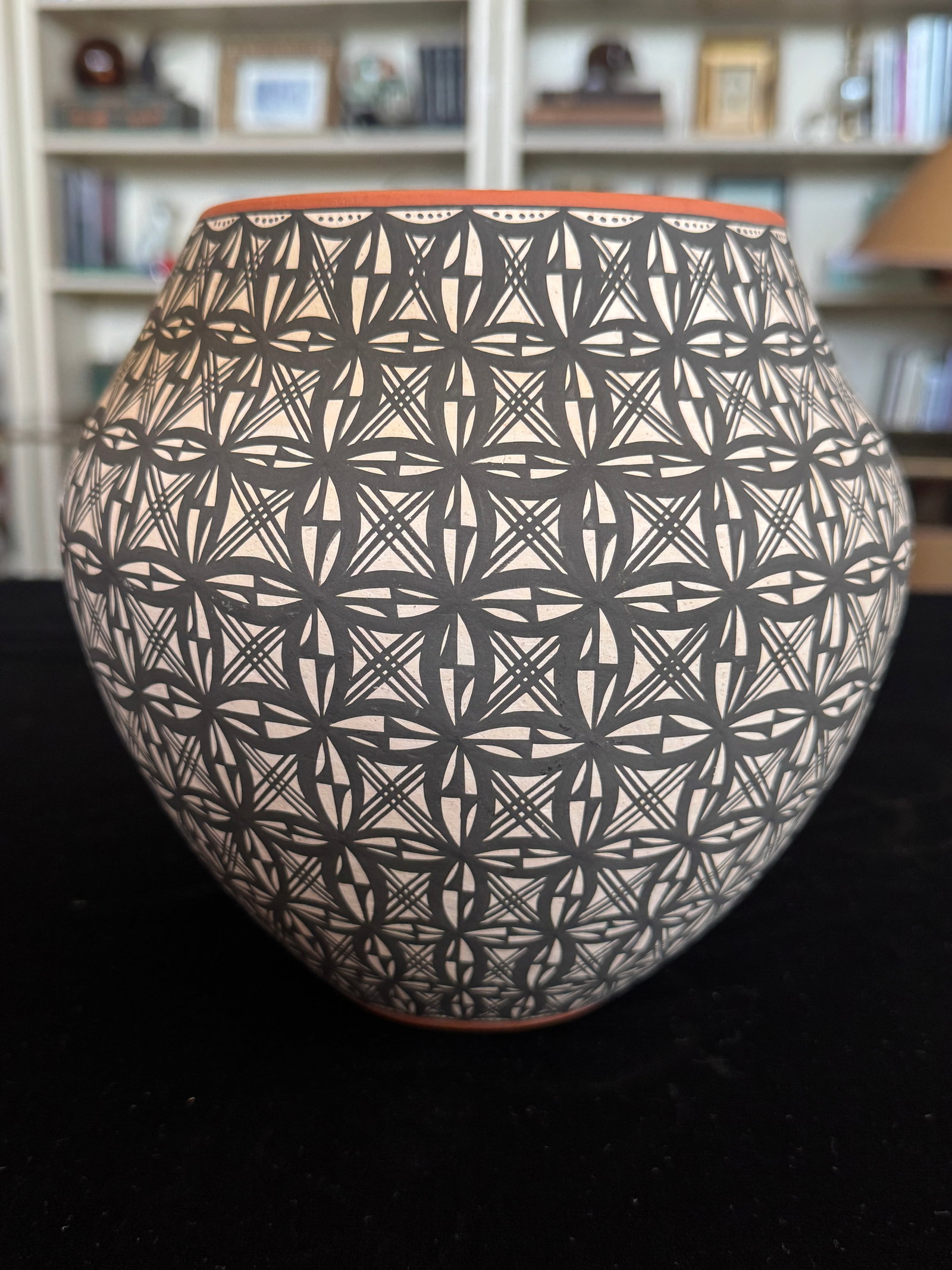 Acoma Pueblo Fine Line Pottery Jar by L. Antonio - Intricate Geometric Star Motif, Hand-Coiled, 7" - 6