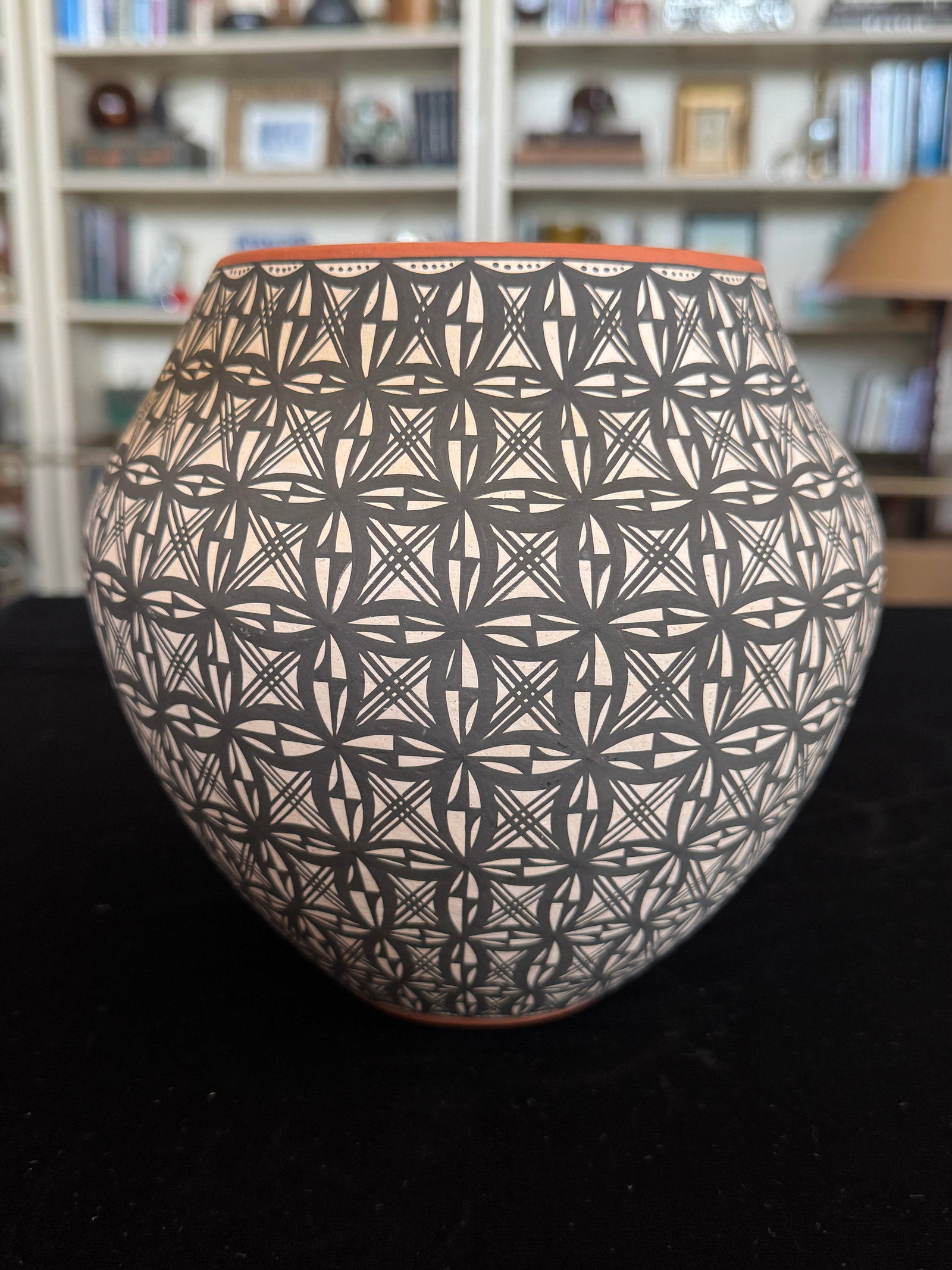 Acoma Pueblo Fine Line Pottery Jar by L. Antonio - Intricate Geometric Star Motif, Hand-Coiled, 7" - 7