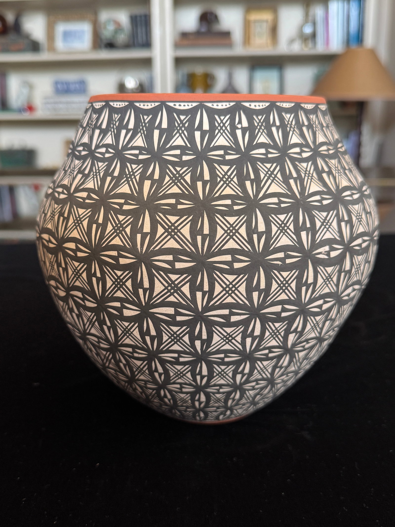 Acoma Pueblo Fine Line Pottery Jar by L. Antonio - Intricate Geometric Star Motif, Hand-Coiled, 7" - 8