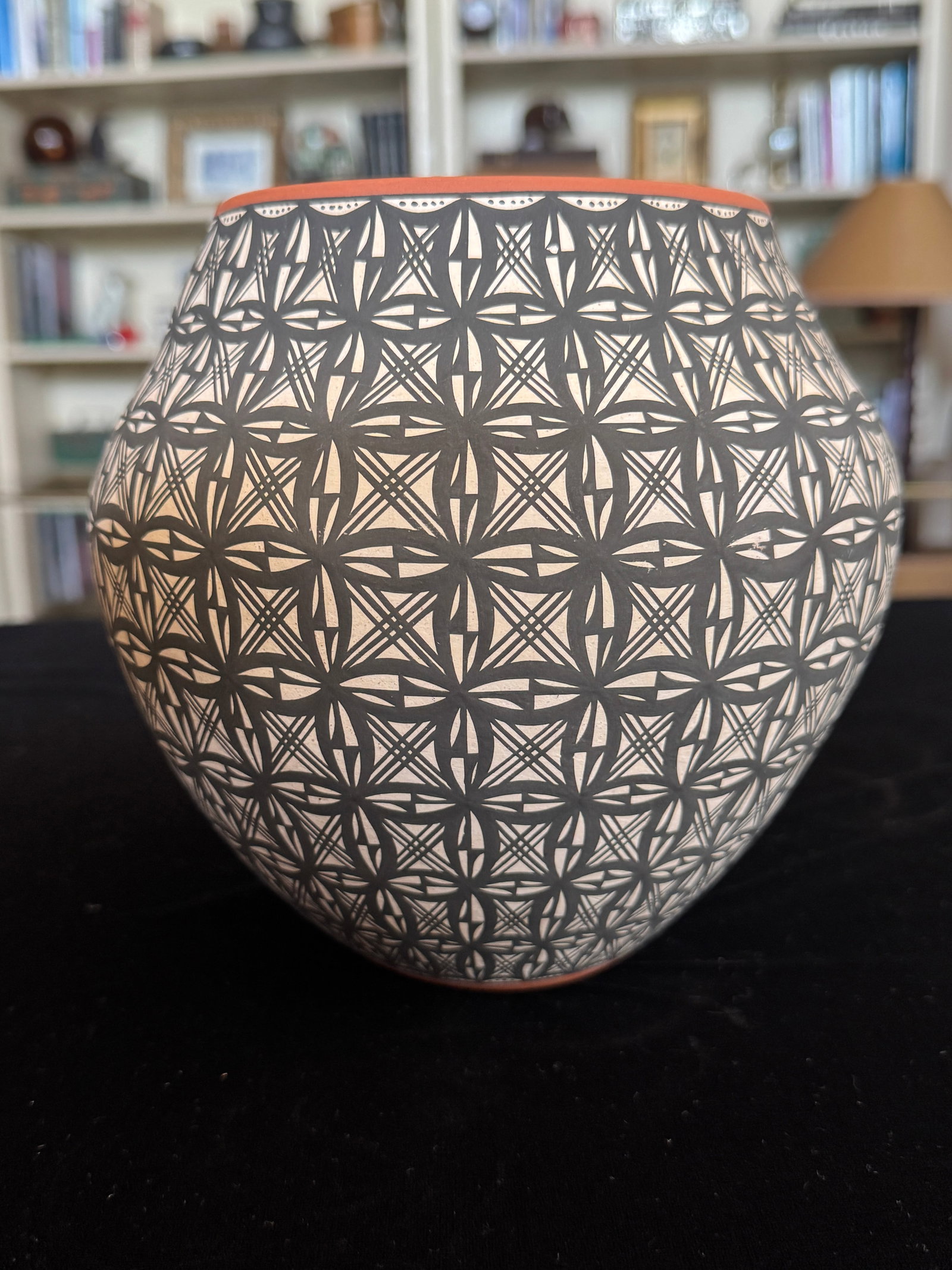 Acoma Pueblo Fine Line Pottery Jar by L. Antonio - Intricate Geometric Star Motif, Hand-Coiled, 7" - 9