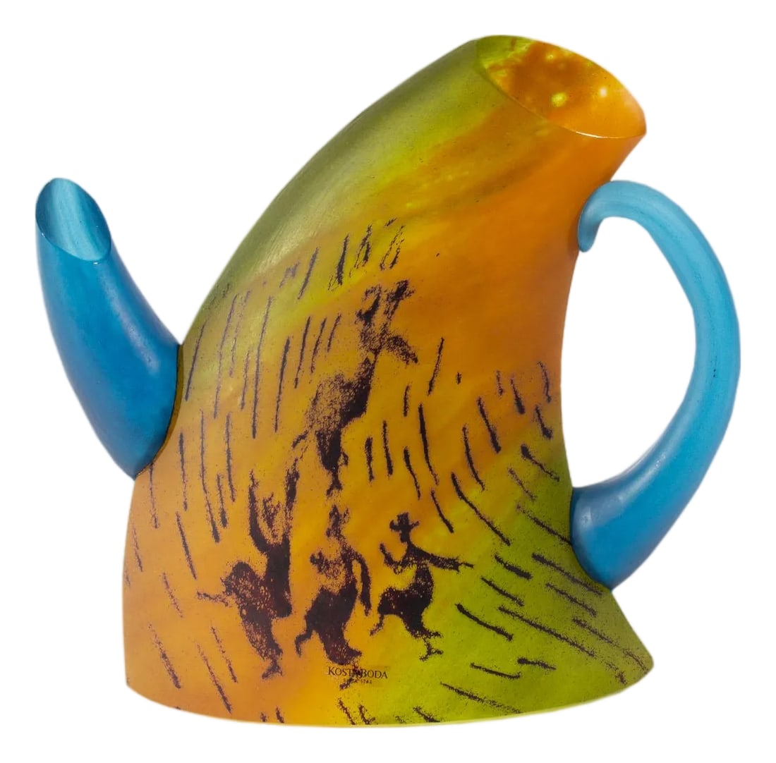 Kjell Engman Signed Kosta Boda Limited Edition Teapot Sculpture: A limited edition teapot sculpture designed by the Swedish artist and designer Kjell Engman (born 1946) and produced by Kosta Boda. This whimsical teapot has a curved form with blue spout and handle. 