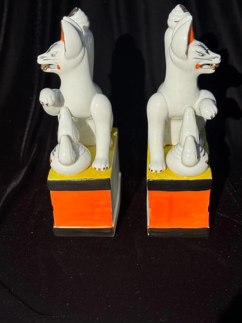 Large Pair of Japanese Inari Fox Figures - Gilt Porcelain Temple Guardians - 10