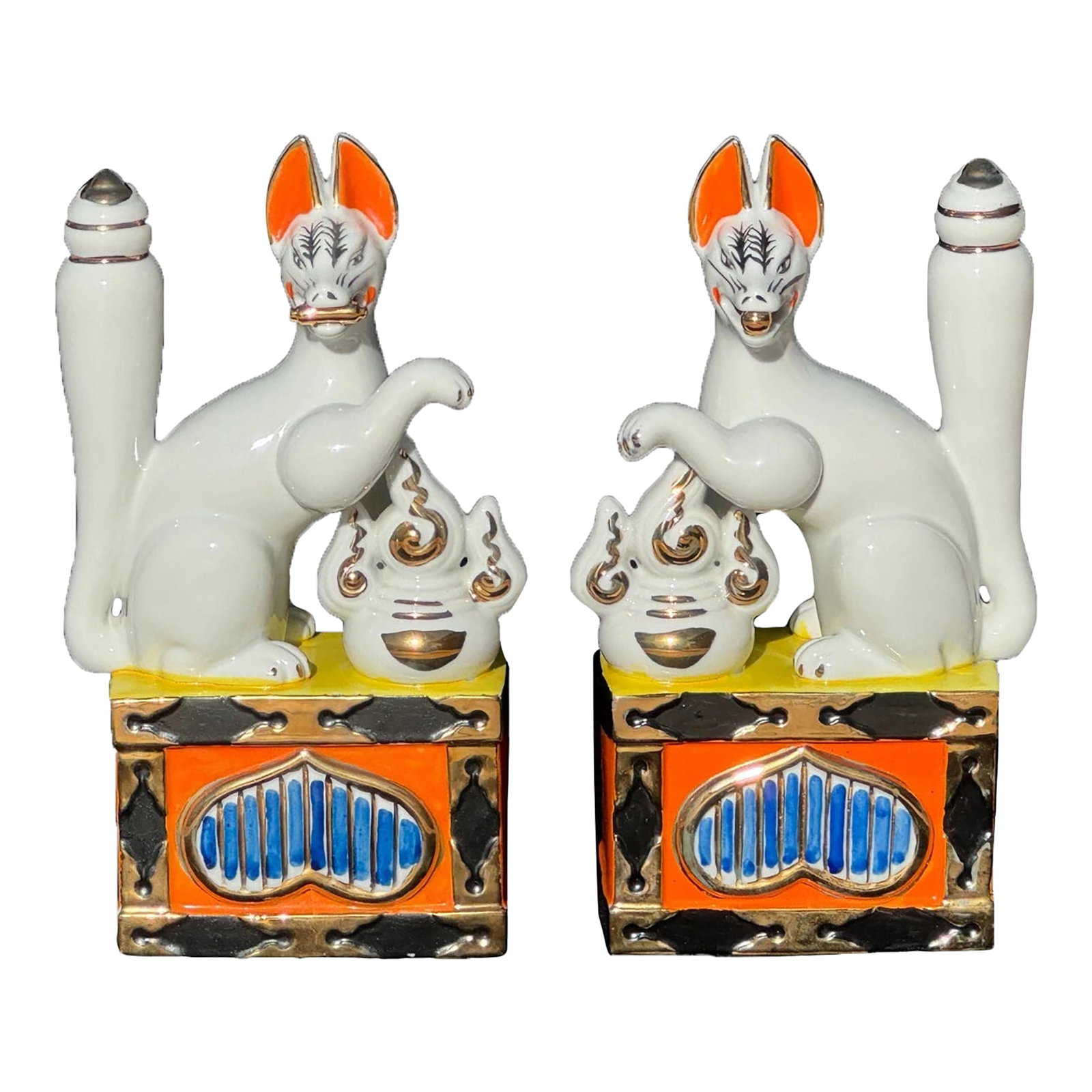 Large Pair of Japanese Inari Fox Figures - Gilt Porcelain Temple Guardians (1 of 13)