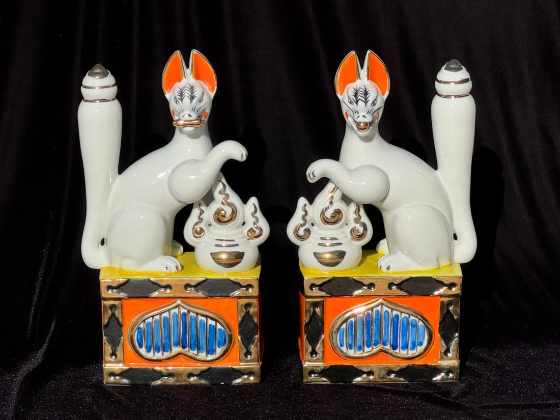 Large Pair of Japanese Inari Fox Figures - Gilt Porcelain Temple Guardians - 2