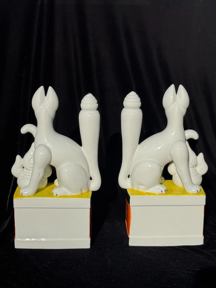 Large Pair of Japanese Inari Fox Figures - Gilt Porcelain Temple Guardians - 3