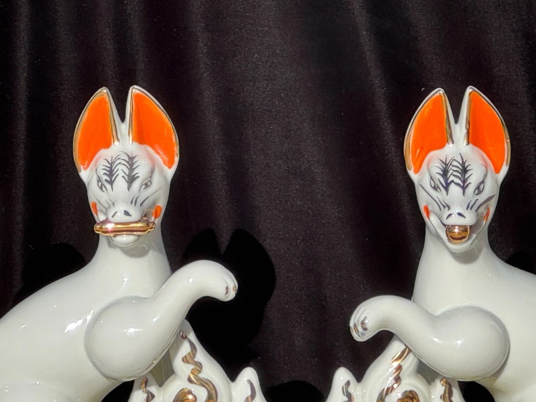Large Pair of Japanese Inari Fox Figures - Gilt Porcelain Temple Guardians - 8