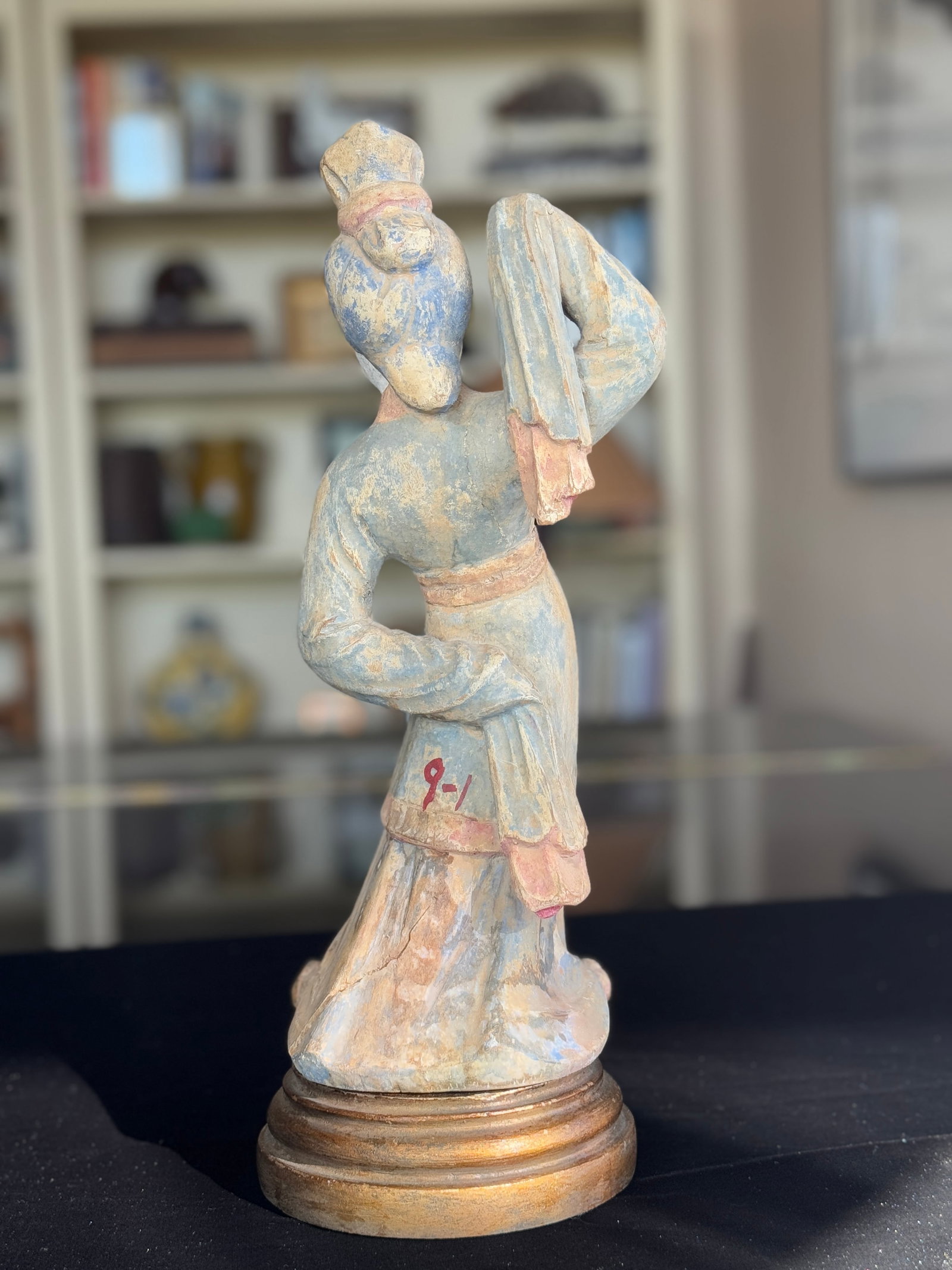 Antique Chinese Carved Wood Dancing Court Lady, Tang Style, Polychrome & Gilt, C. 1920s - 11