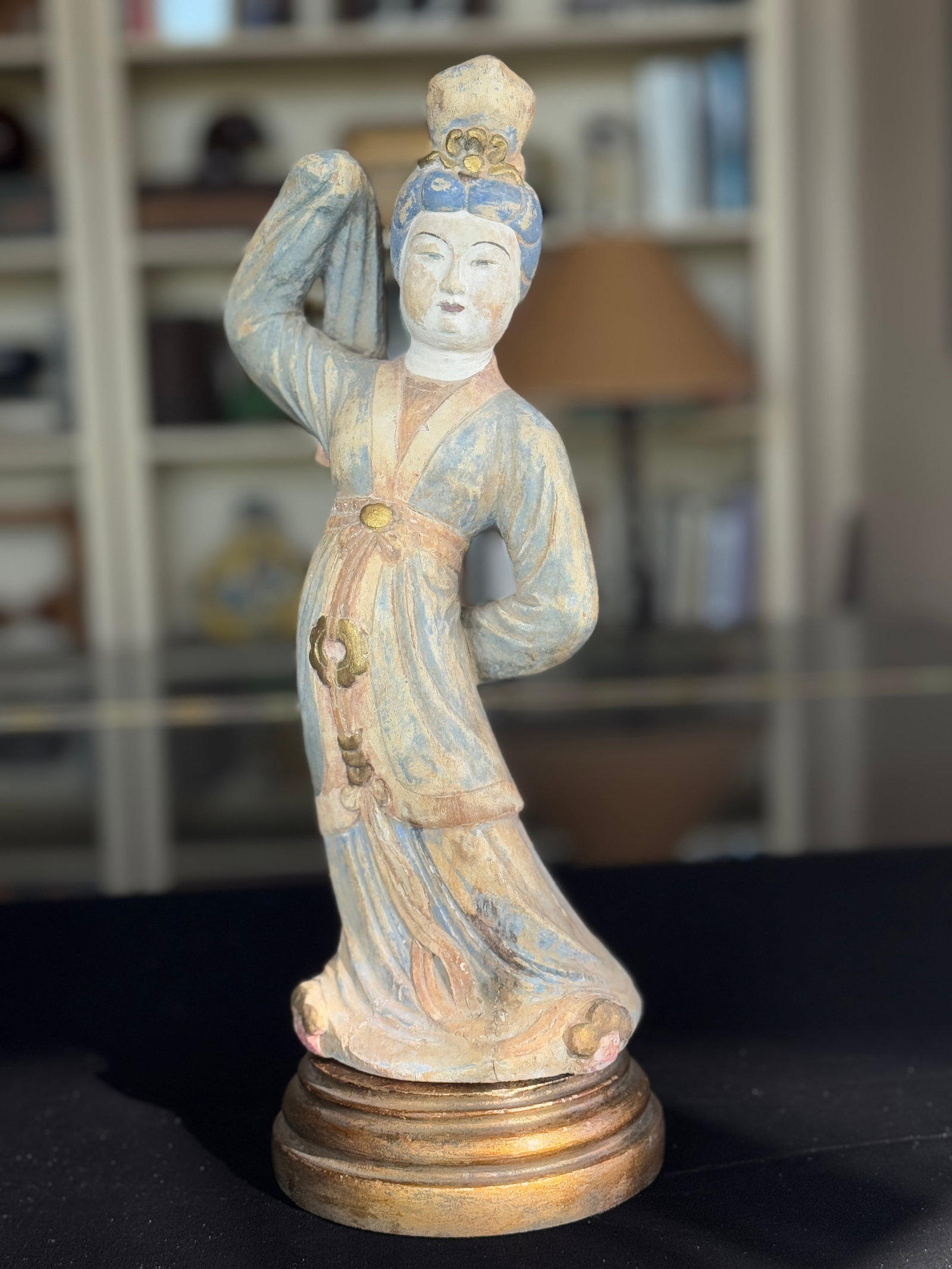 Antique Chinese Carved Wood Dancing Court Lady, Tang Style, Polychrome & Gilt, C. 1920s - 3